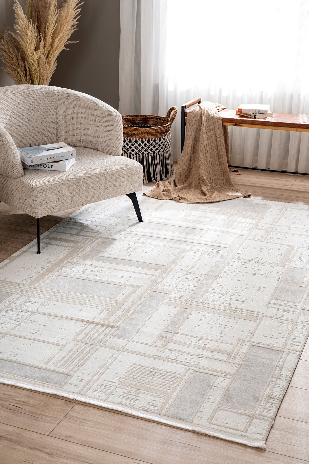 Farahan Gri Bej Geometrik Tozumaz Salon Koridor Balkon Teras Bahçe Oturma Odası Halısı A0860A