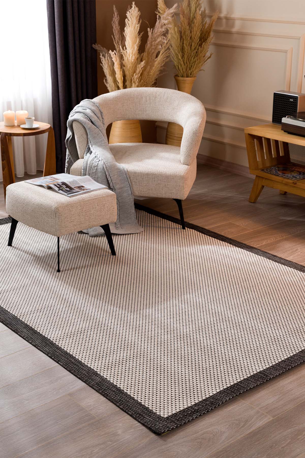 Fresco Ekru Siyah İskandinav Jüt Yıkanabilir Halı Kilim Balkon Teras Mutfak Salon Koridor Halısı 23745A