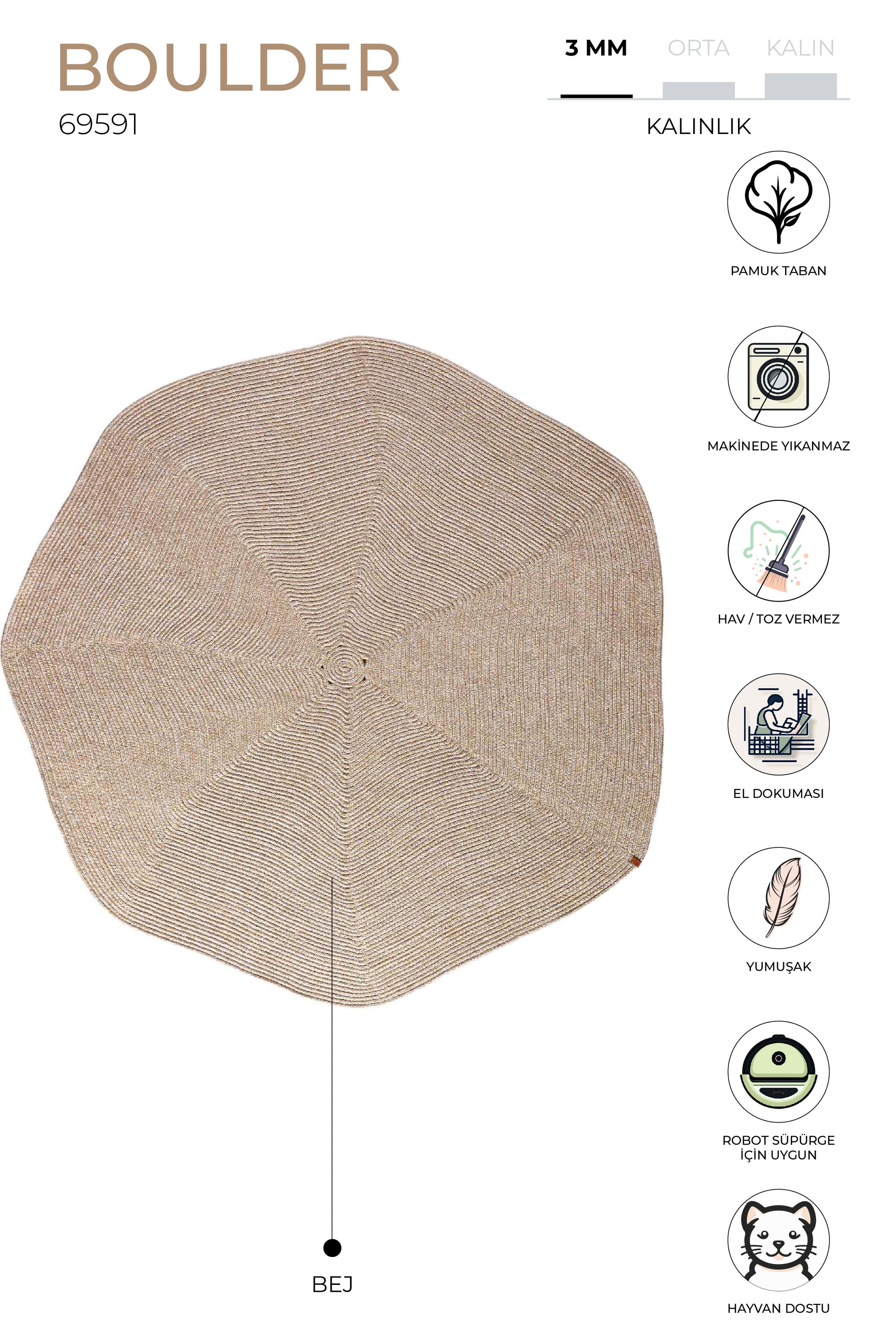 Boulder El Örmesi Altıgen Bej Yıkanabilir Halı Kilim Balkon Teras Salon Koridor Halısı Pamuklu Hasır Halı 69591