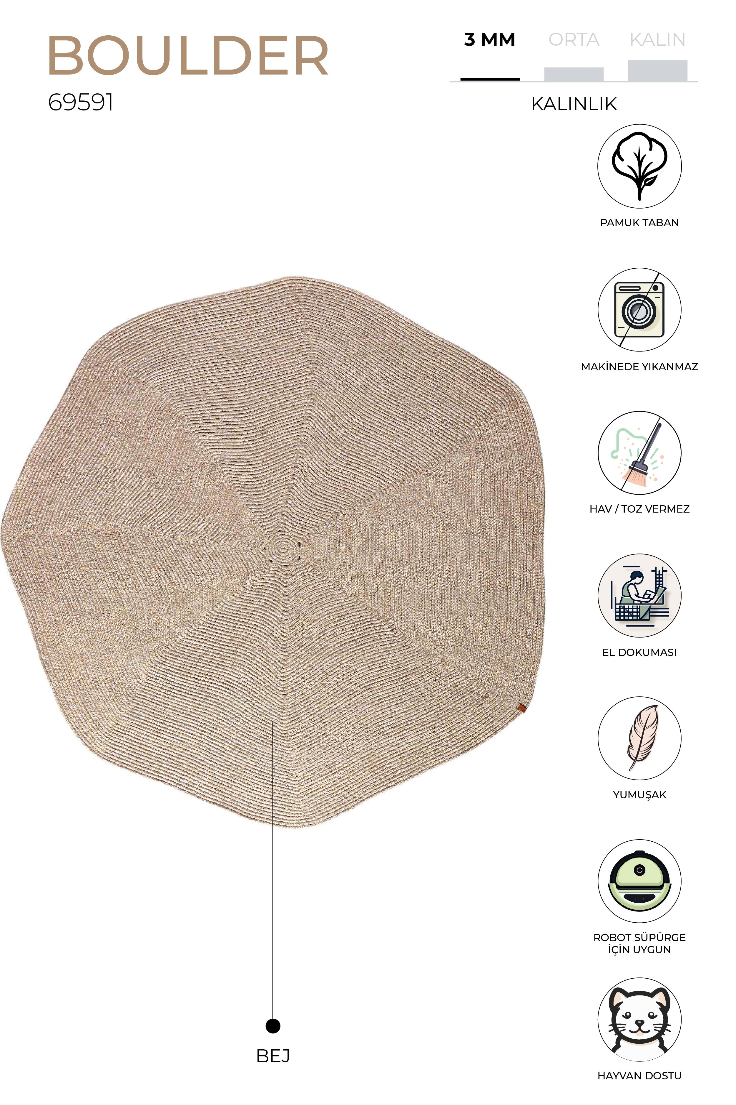 Boulder El Örmesi Altıgen Bej Yıkanabilir Halı Kilim Balkon Teras Salon Koridor Halısı Pamuklu Hasır Halı 69591