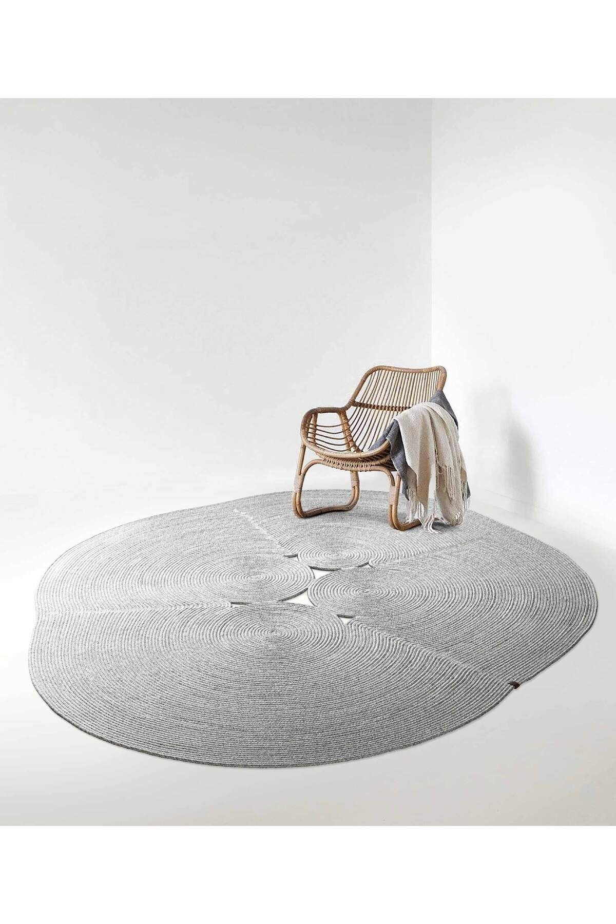 Boulder El Örmesi Elips Gri Pamuklu Yıkanabilir Halı Kilim Balkon Teras Salon Koridor Halısı Hasır Halı 69596