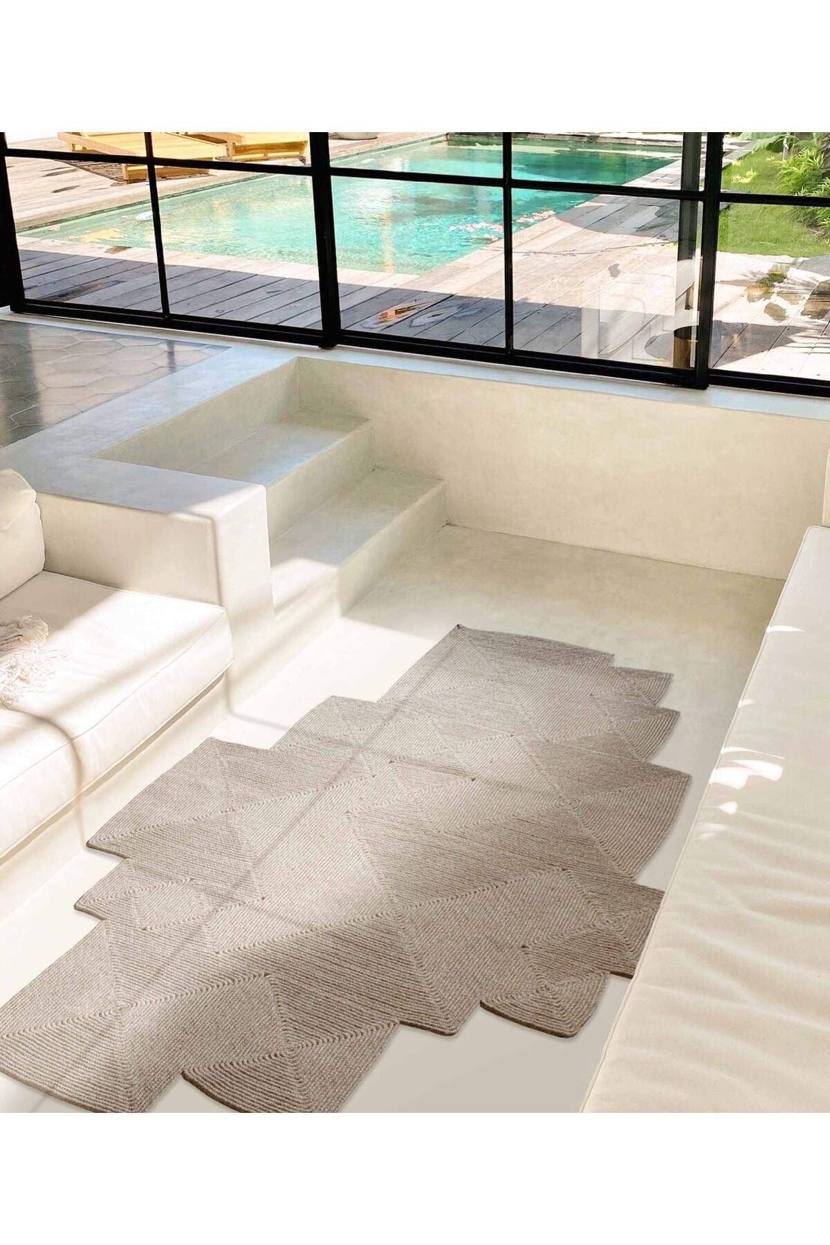 Boulder El Örmesi Kare Bej Pamuklu Yıkanabilir Halı Kilim Balkon Teras Salon Koridor Halısı Hasır Halı 69588