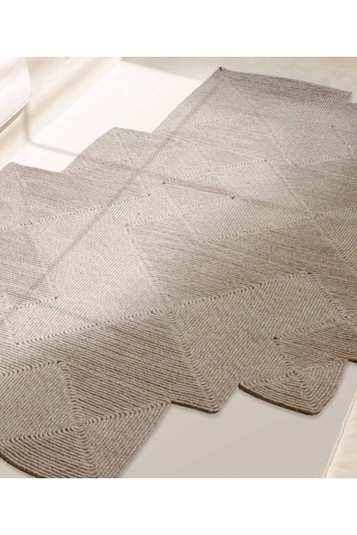 Boulder El Örmesi Kare Bej Pamuklu Yıkanabilir Halı Kilim Balkon Teras Salon Koridor Halısı Hasır Halı 69588