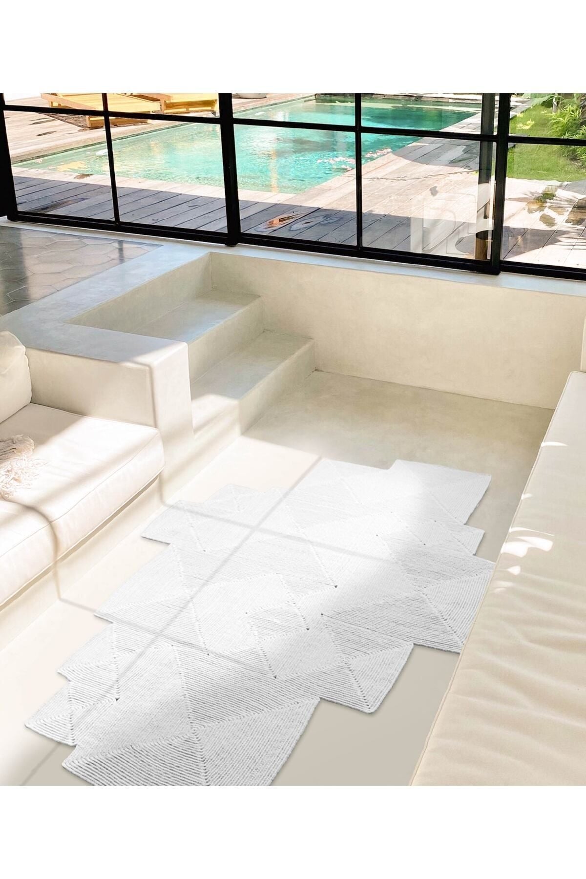 Boulder El Örmesi Kare Beyaz Pamuklu Yıkanabilir Halı Kilim Balkon Teras Salon Koridor Halısı Hasır Halı 69589