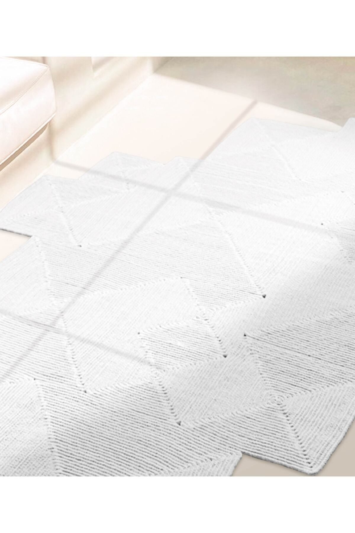 Boulder El Örmesi Kare Beyaz Pamuklu Yıkanabilir Halı Kilim Balkon Teras Salon Koridor Halısı Hasır Halı 69589