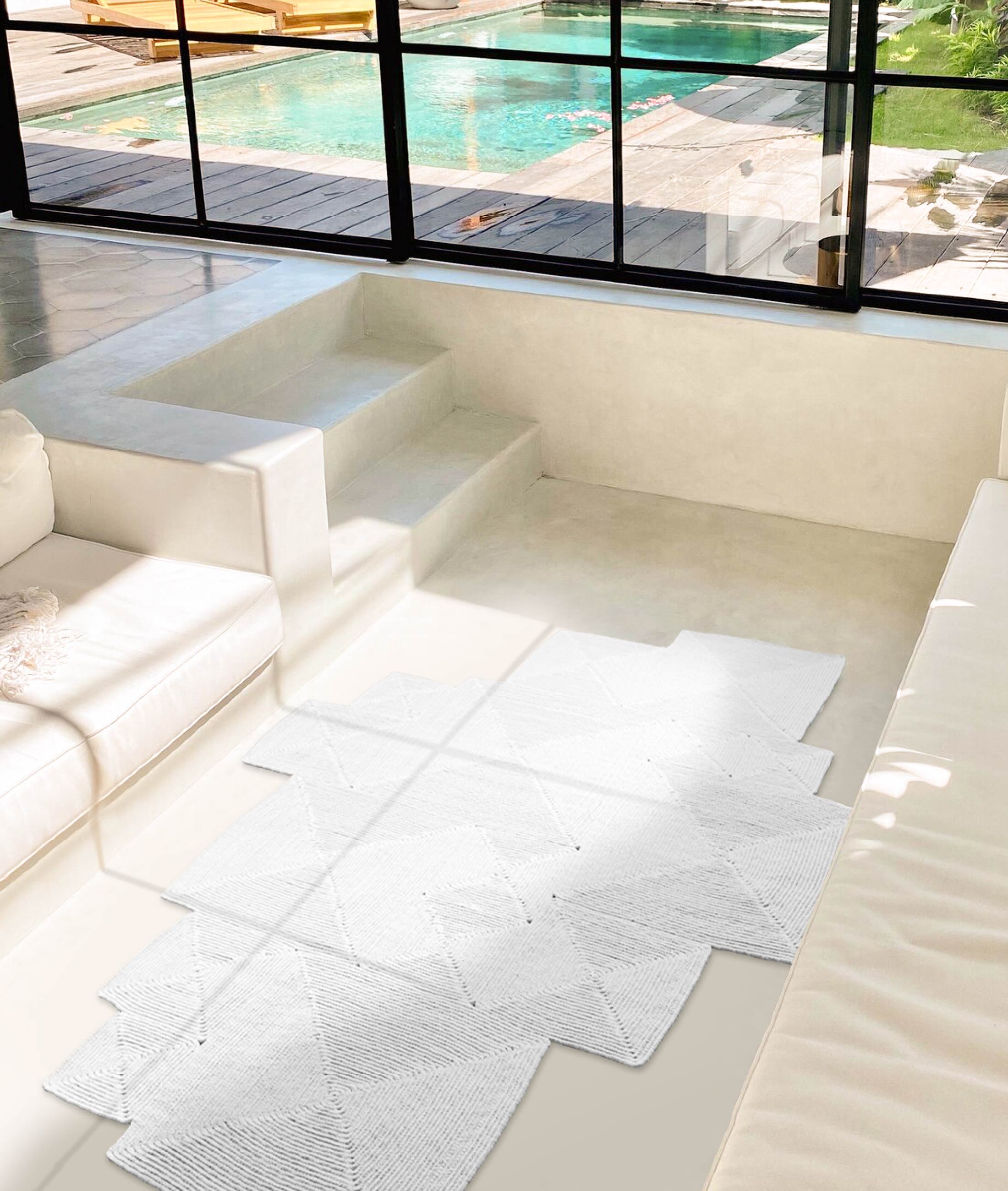 Boulder El Örmesi Kare Beyaz Pamuklu Yıkanabilir Halı Kilim Balkon Teras Salon Koridor Halısı Hasır Halı 69589