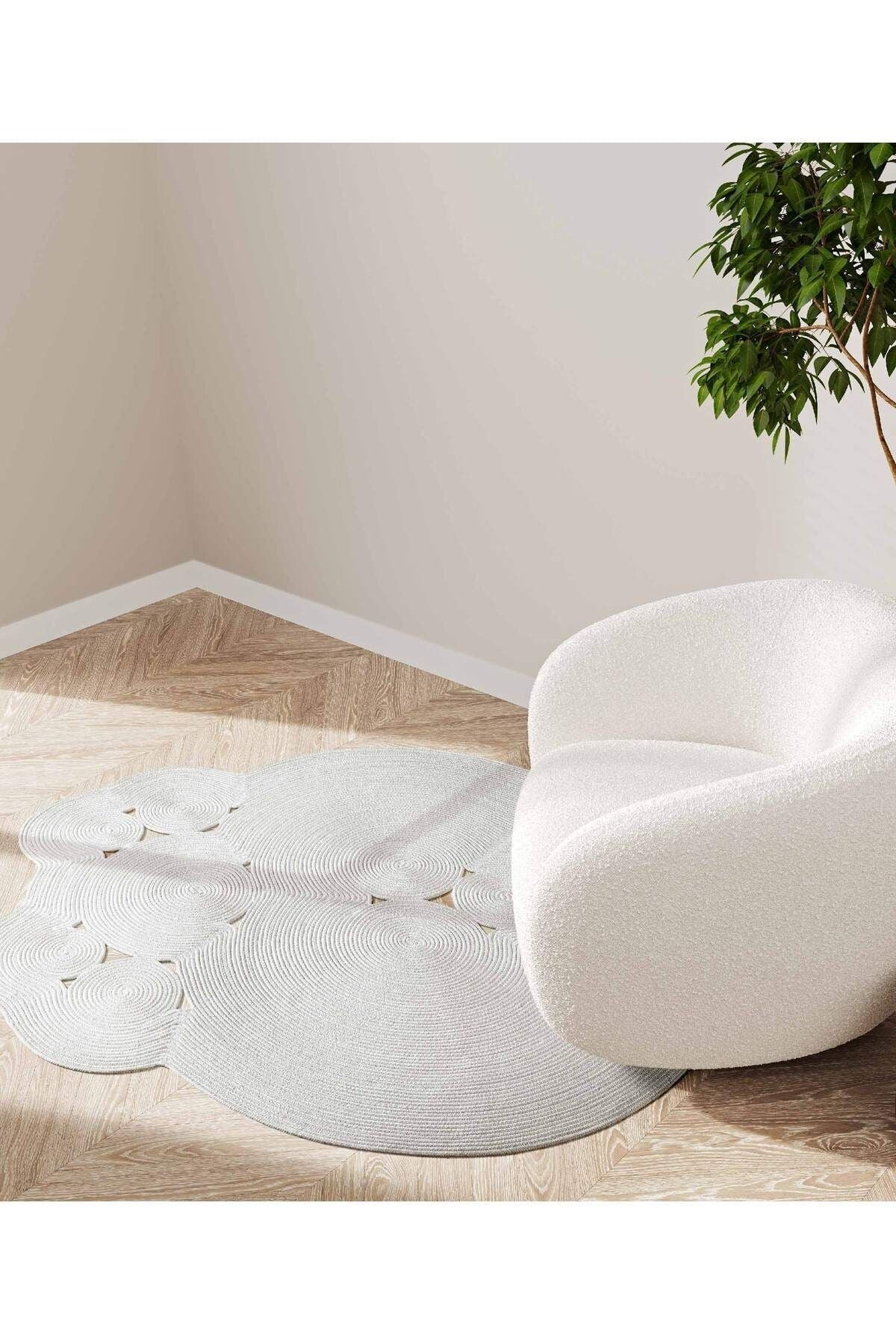 Boulder El Örmesi Yuvarlak Beyaz Pamuklu Yıkanabilir Halı Kilim Balkon Teras Salon Koridor Halısı Hasır Halı 69586