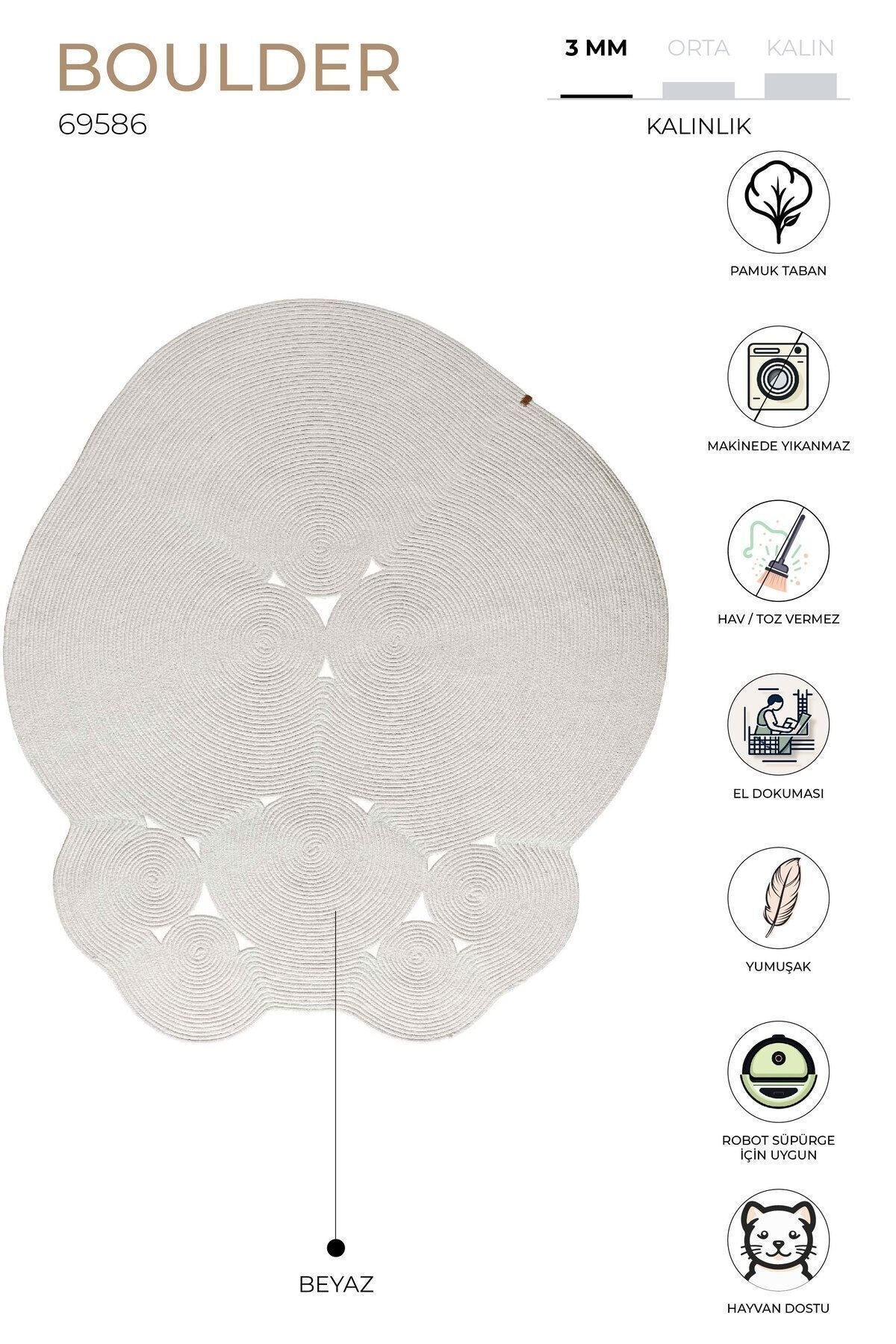 Boulder El Örmesi Yuvarlak Beyaz Pamuklu Yıkanabilir Halı Kilim Balkon Teras Salon Koridor Halısı Hasır Halı 69586
