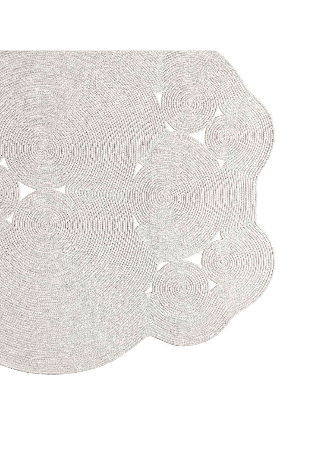 Boulder El Örmesi Yuvarlak Beyaz Pamuklu Yıkanabilir Halı Kilim Balkon Teras Salon Koridor Halısı Hasır Halı 69586