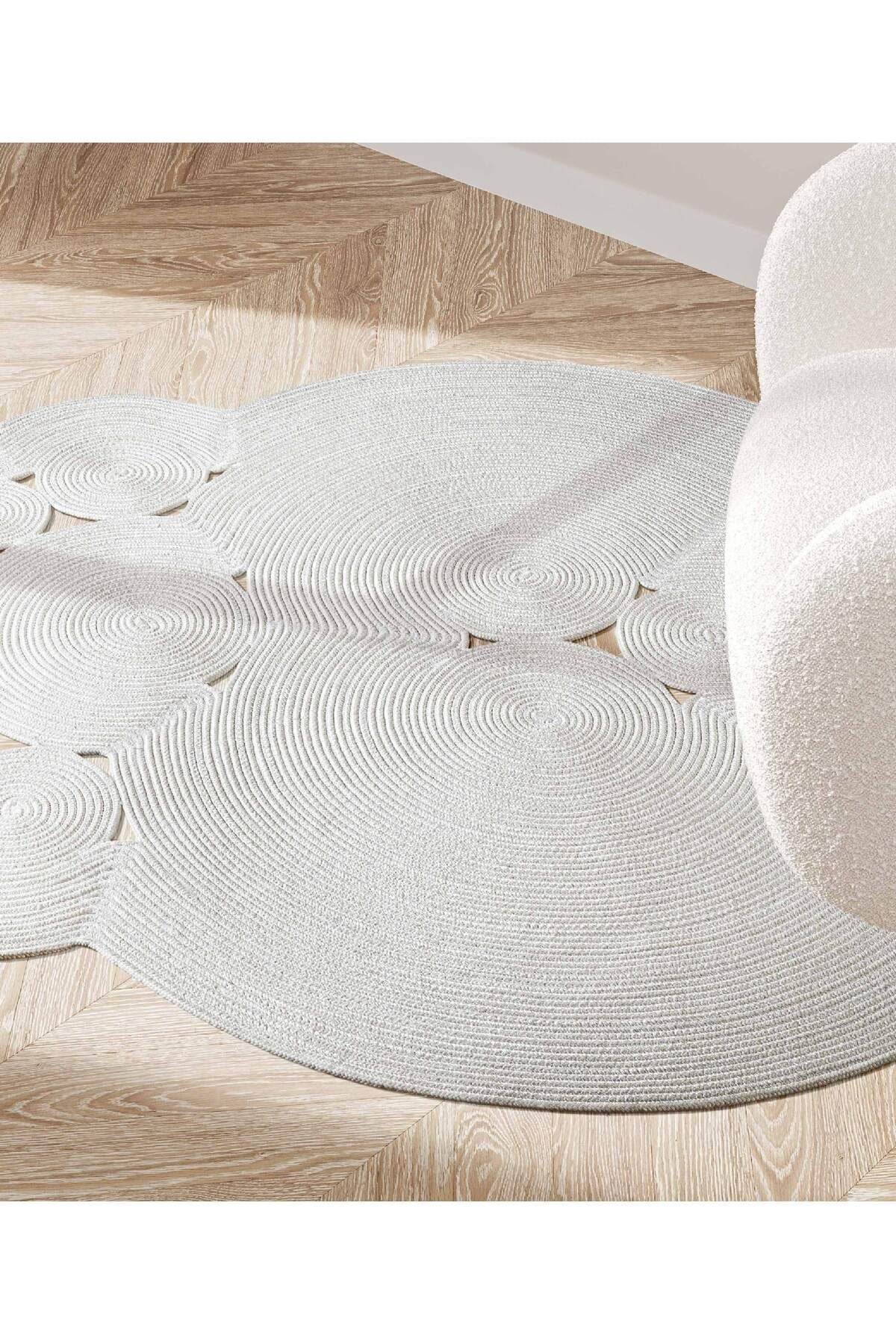 Boulder El Örmesi Yuvarlak Beyaz Pamuklu Yıkanabilir Halı Kilim Balkon Teras Salon Koridor Halısı Hasır Halı 69586