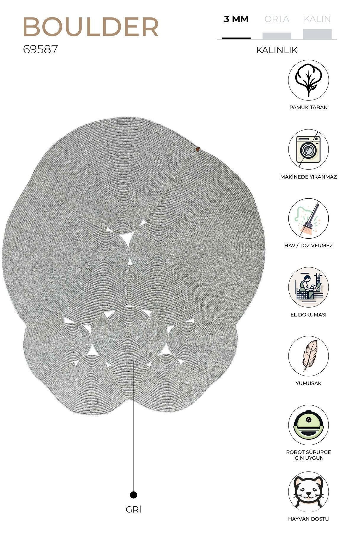 Boulder El Örmesi Yuvarlak Gri Pamuklu Yıkanabilir Halı Kilim Balkon Teras Salon Koridor Halısı Hasır Halı 69587