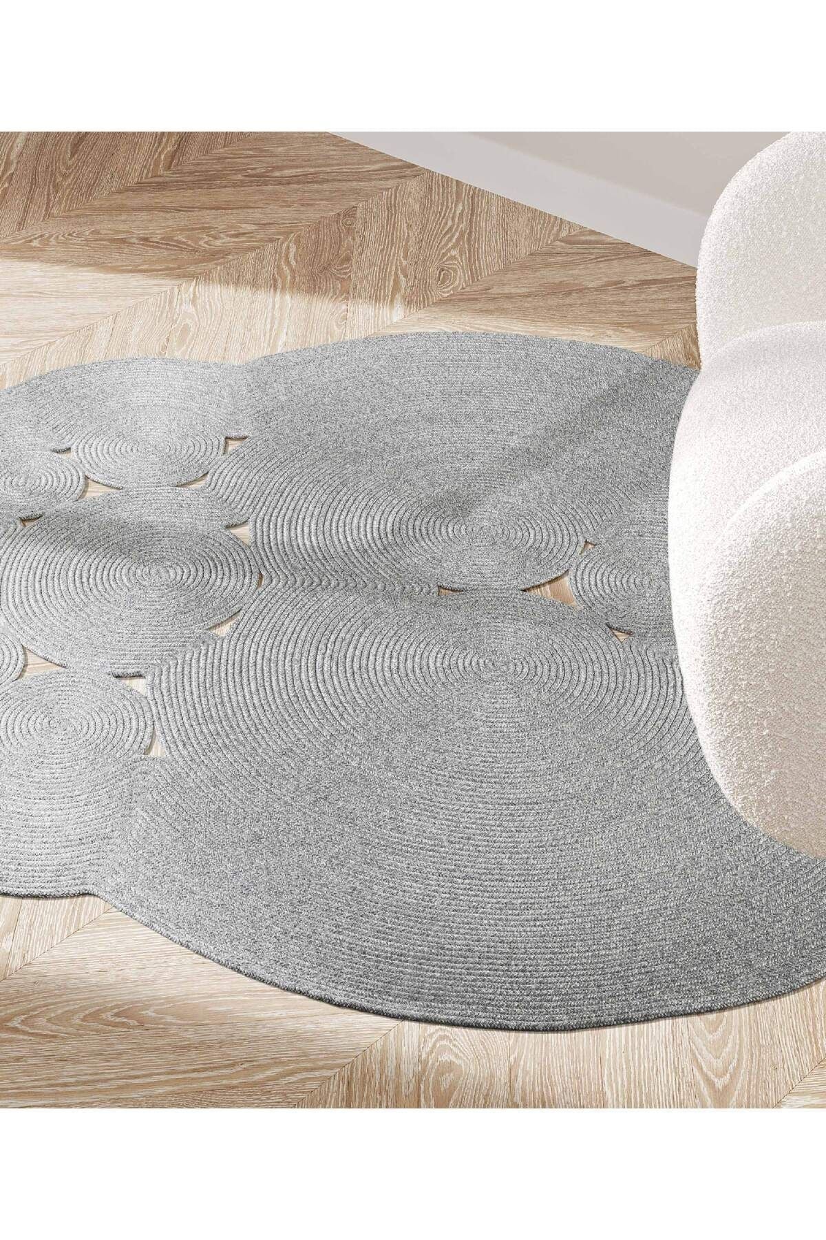 Boulder El Örmesi Yuvarlak Gri Pamuklu Yıkanabilir Halı Kilim Balkon Teras Salon Koridor Halısı Hasır Halı 69587