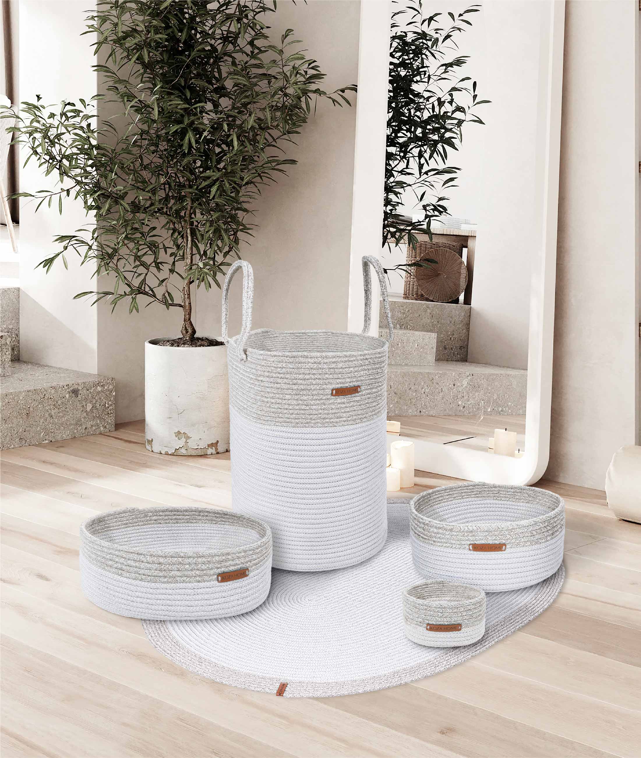 Cesta El Yapımı Pamuklu Beyaz Gri Hasır Dekoratif Sepet 25cmx45cm 9040