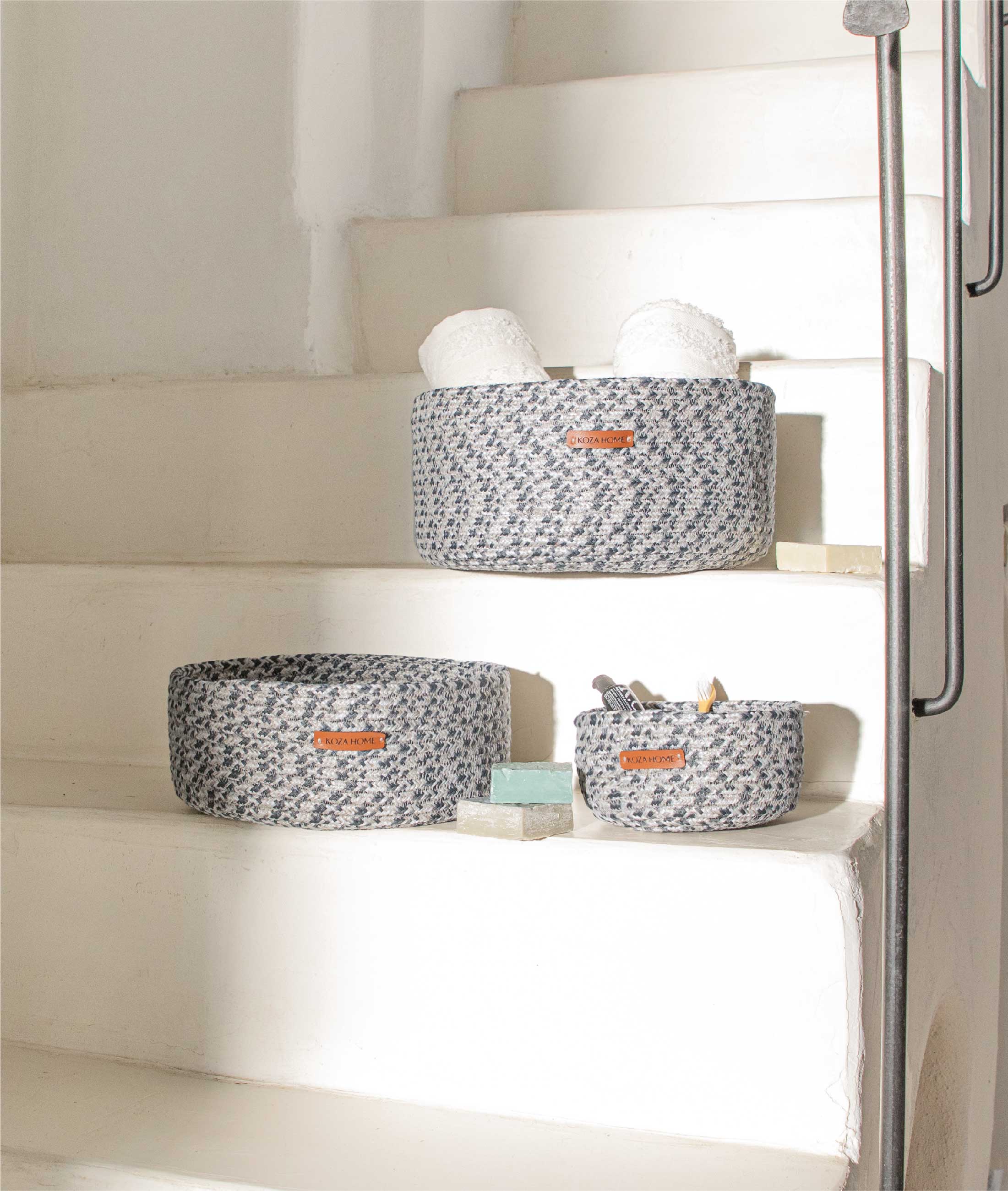 Cesta El Yapımı Pamuklu Gri Antrasit Hasır Dekoratif Sepet 25cm 9052