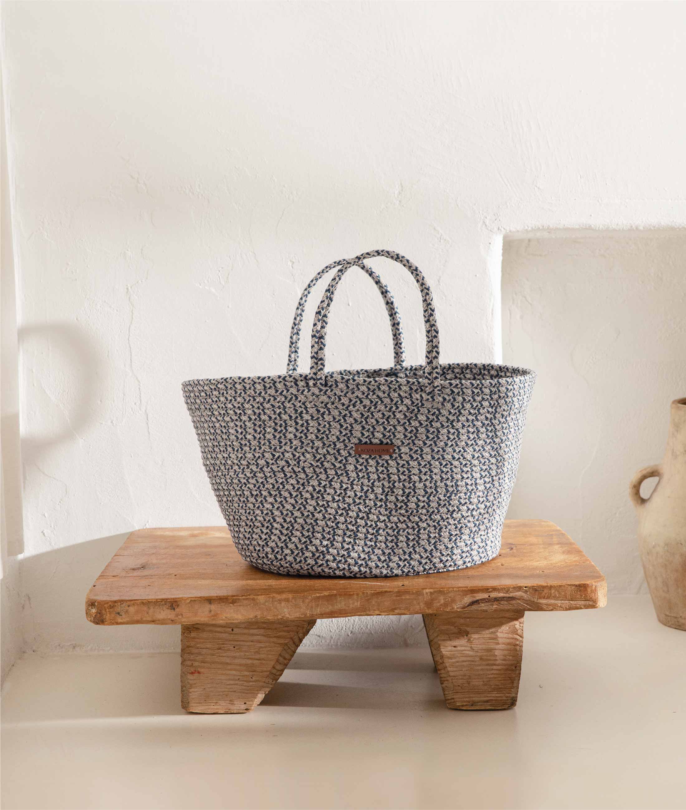 Cesta El Yapımı Pamuklu Lacivert Gri Hasır Çanta Plaj Gündelik Dekoratif Çanta 26x57cm