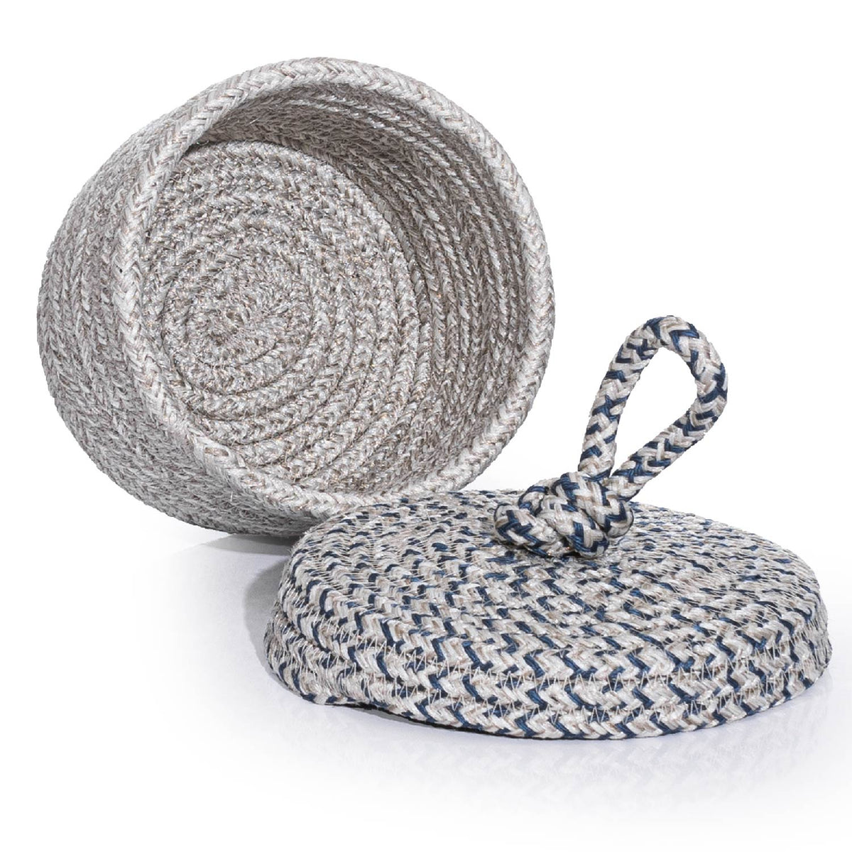 Cesta Kapaklı El Yapımı Pamuklu Gri Lacivert Hasır Dekoratif Sepet 15cm