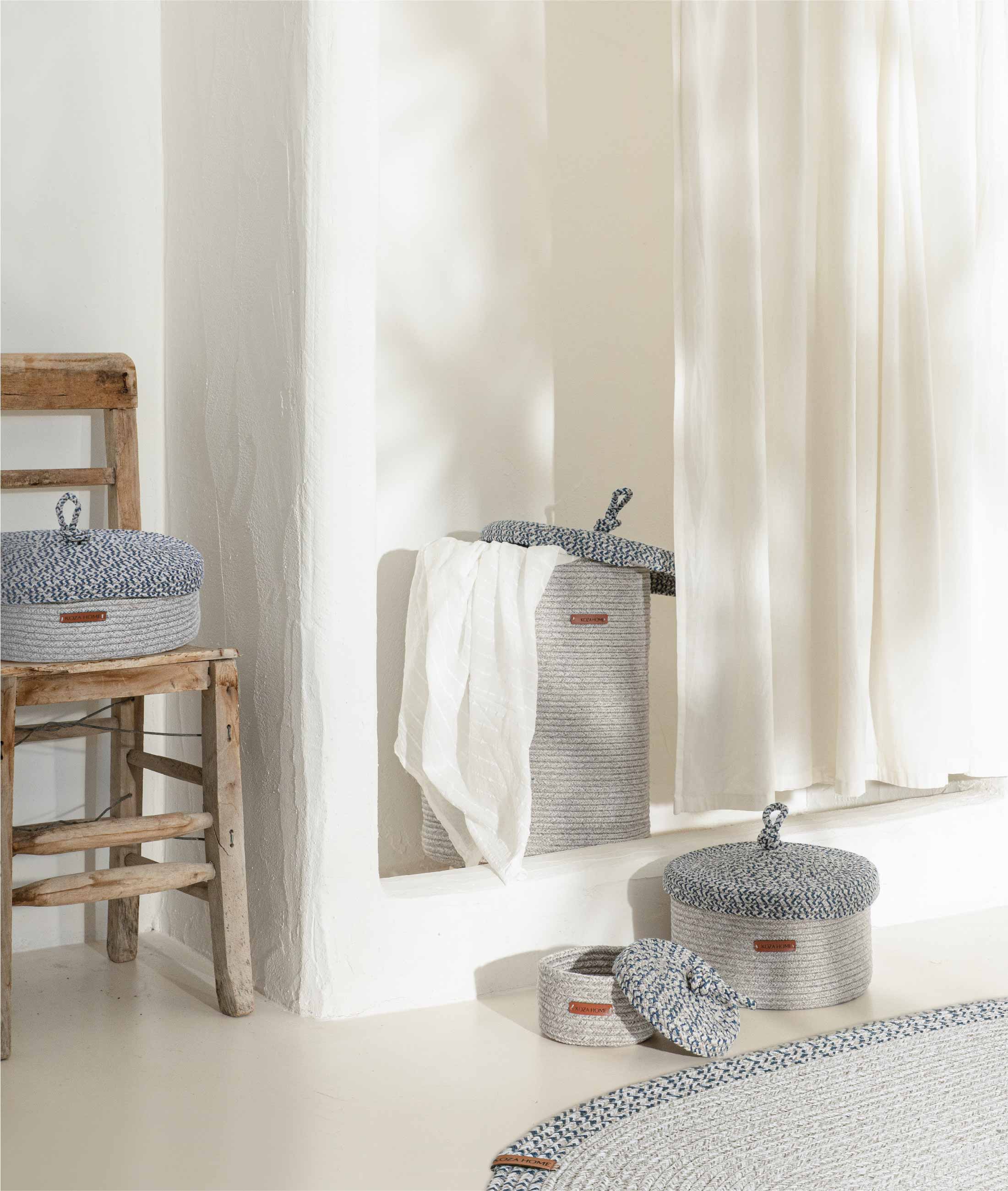 Cesta Kapaklı El Yapımı Pamuklu Gri Lacivert Hasır Dekoratif Sepet 25cmx34cm 9008