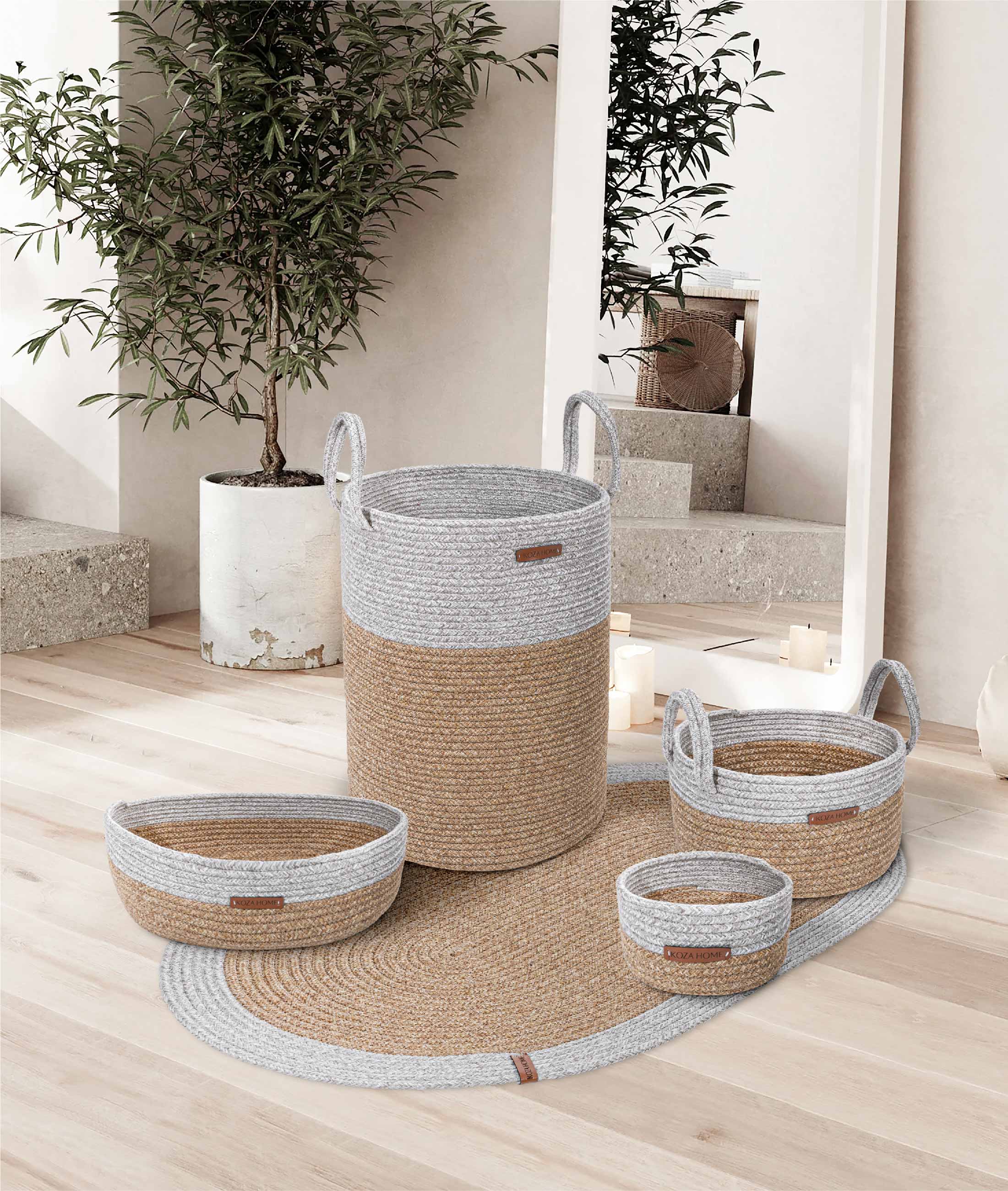 Cesta Kulplu El Yapımı Pamuklu Natural Gri Hasır Dekoratif Sepet 15cm 9018