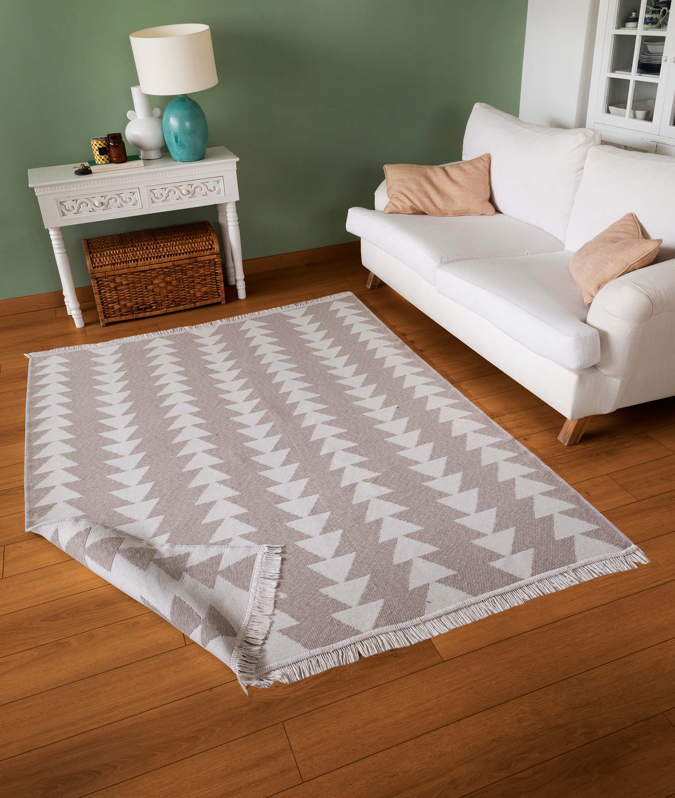 Duo Beyaz Bej Çift Taraflı Yıkanabilir Dokuma Kilim 22994A