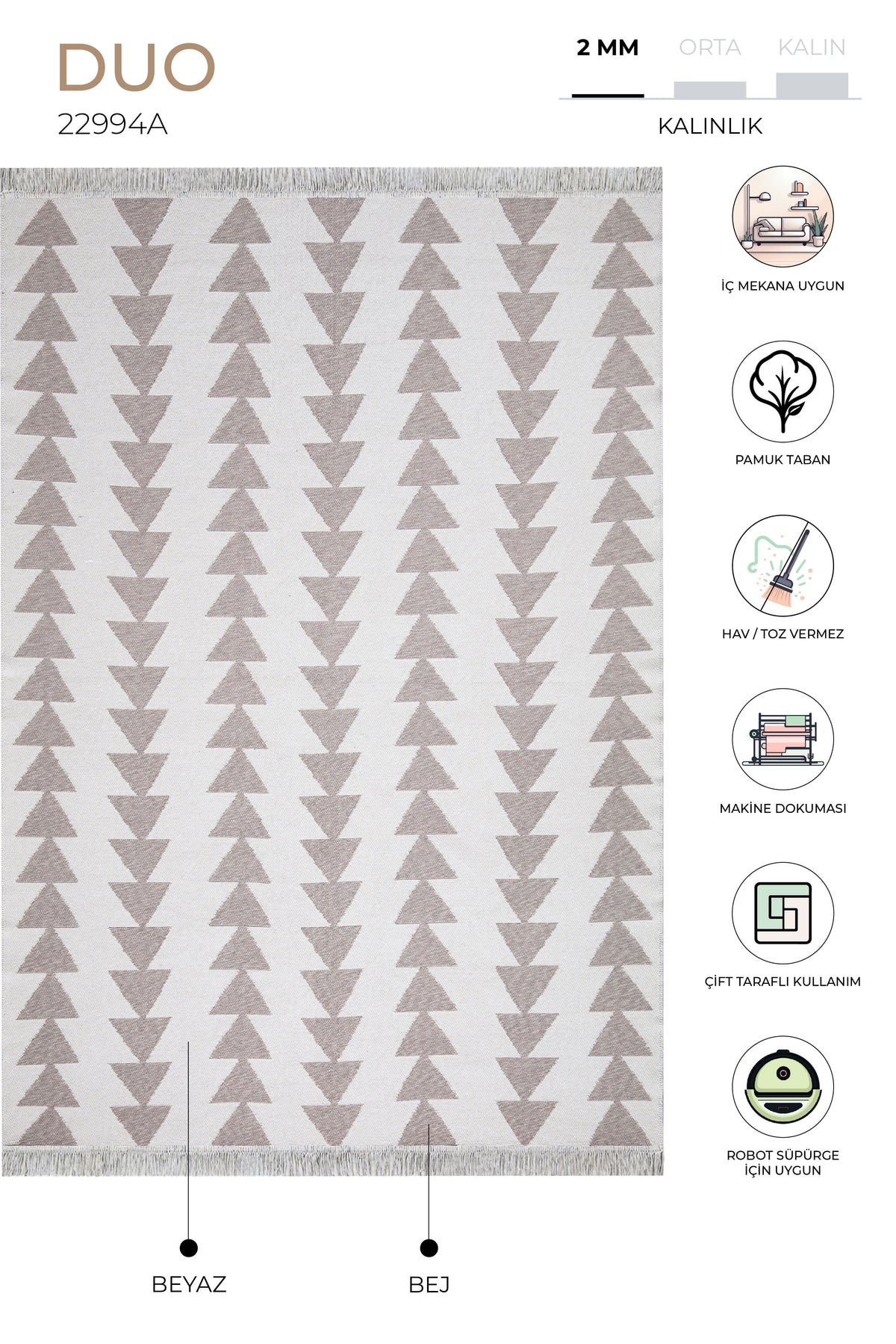 Duo Beyaz Bej Çift Taraflı Yıkanabilir Dokuma Kilim 22994A