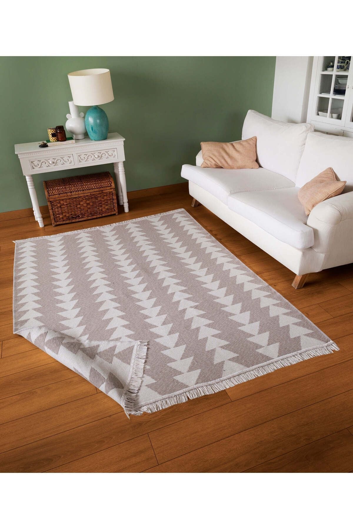 Duo Beyaz Bej Çift Taraflı Yıkanabilir Dokuma Kilim 22994A