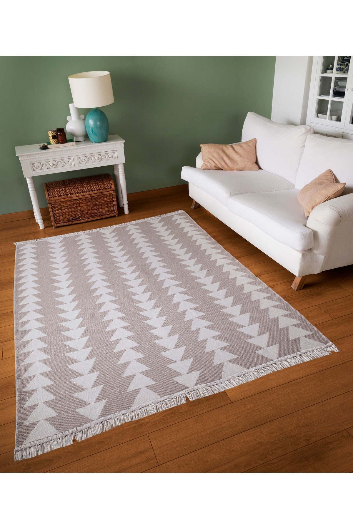 Duo Beyaz Bej Çift Taraflı Yıkanabilir Dokuma Kilim 22994A