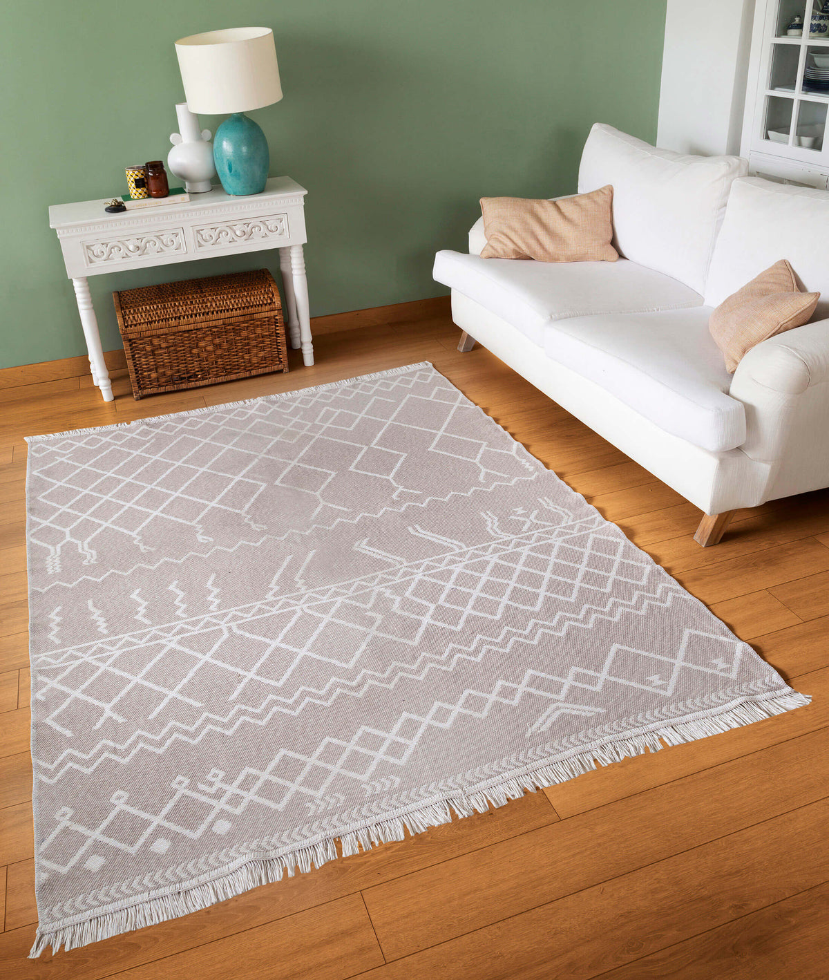 Duo Beyaz Bej Çift Taraflı Yıkanabilir Dokuma Kilim 23001A