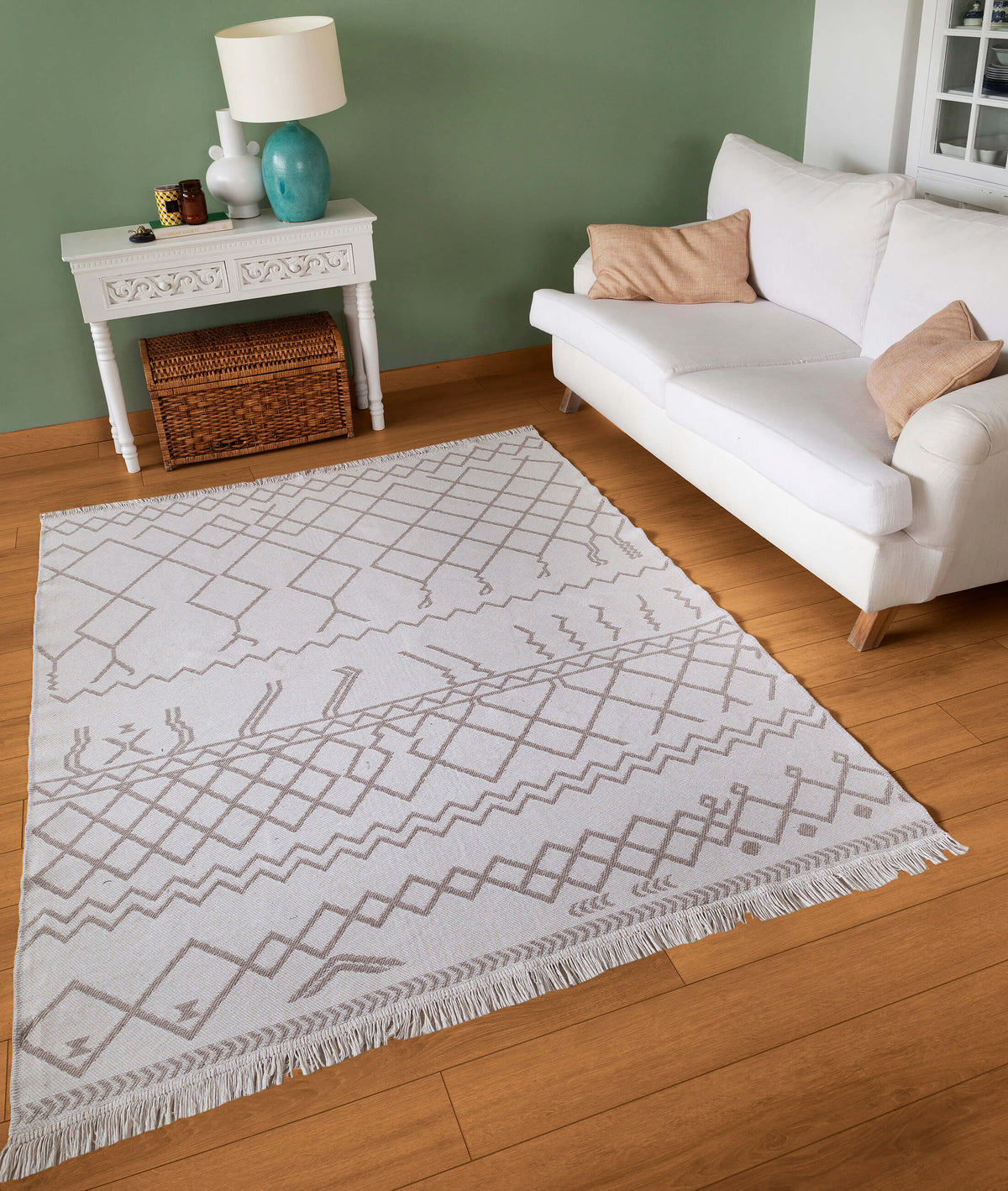 Duo Beyaz Bej Çift Taraflı Yıkanabilir Dokuma Kilim 23001A