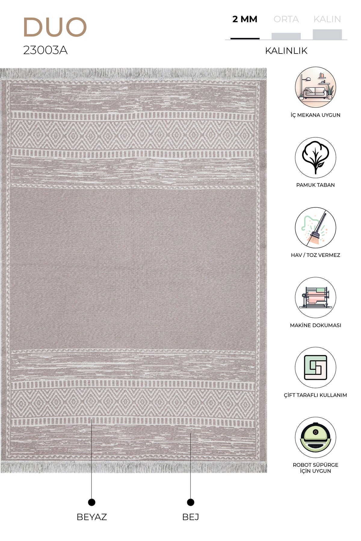 Duo Beyaz Bej Çift Taraflı Yıkanabilir Dokuma Kilim 23003A