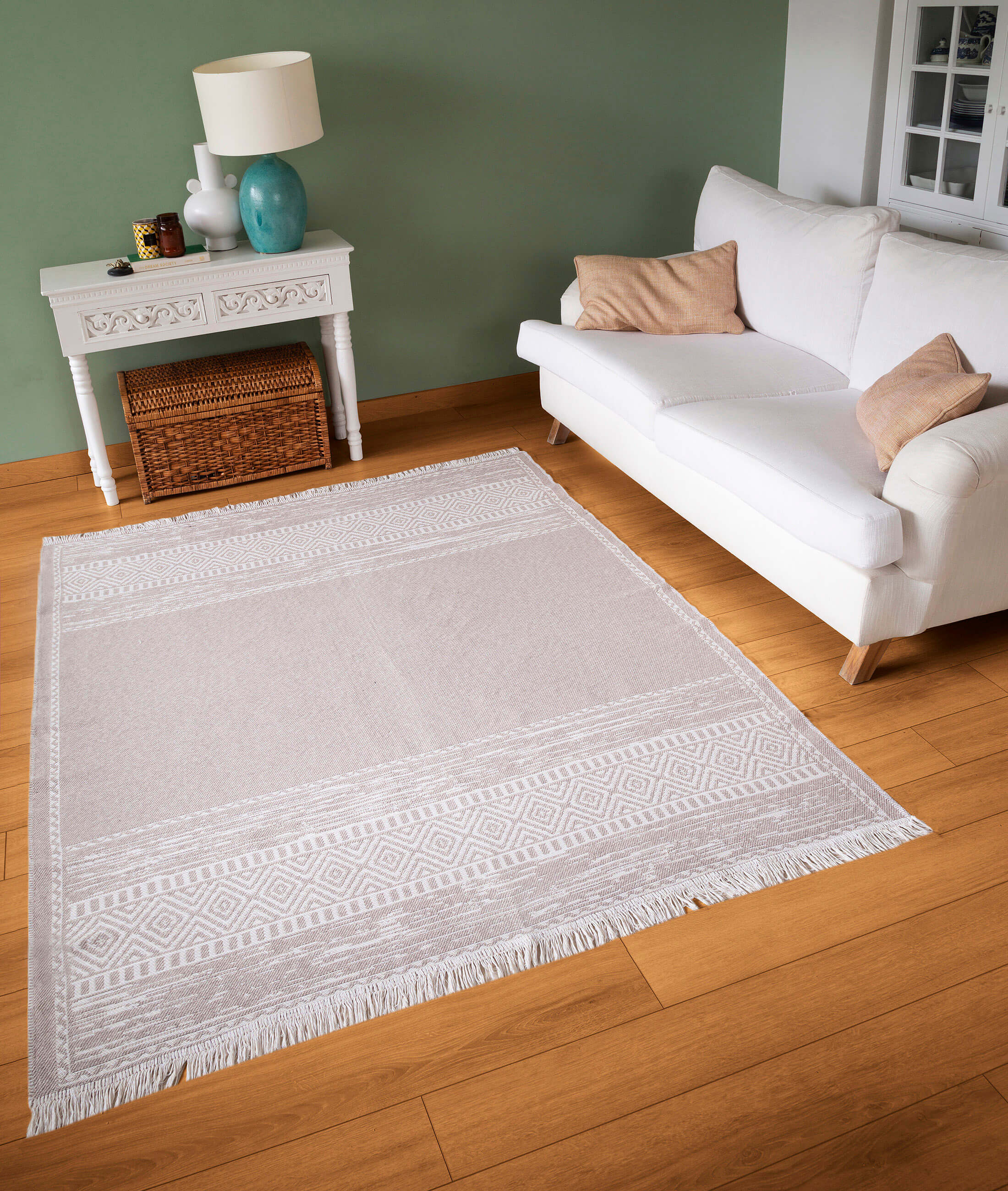 Duo Beyaz Bej Çift Taraflı Yıkanabilir Dokuma Kilim 23003A