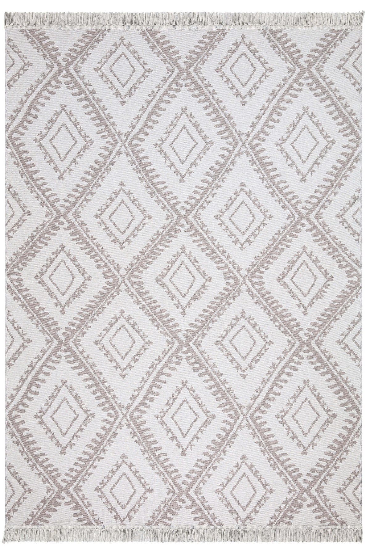 Duo Beyaz Bej Yıkanabilir Çift Taraflı Balkon Halısı Geometrik Yazlık Dokuma Halı ve Kilim