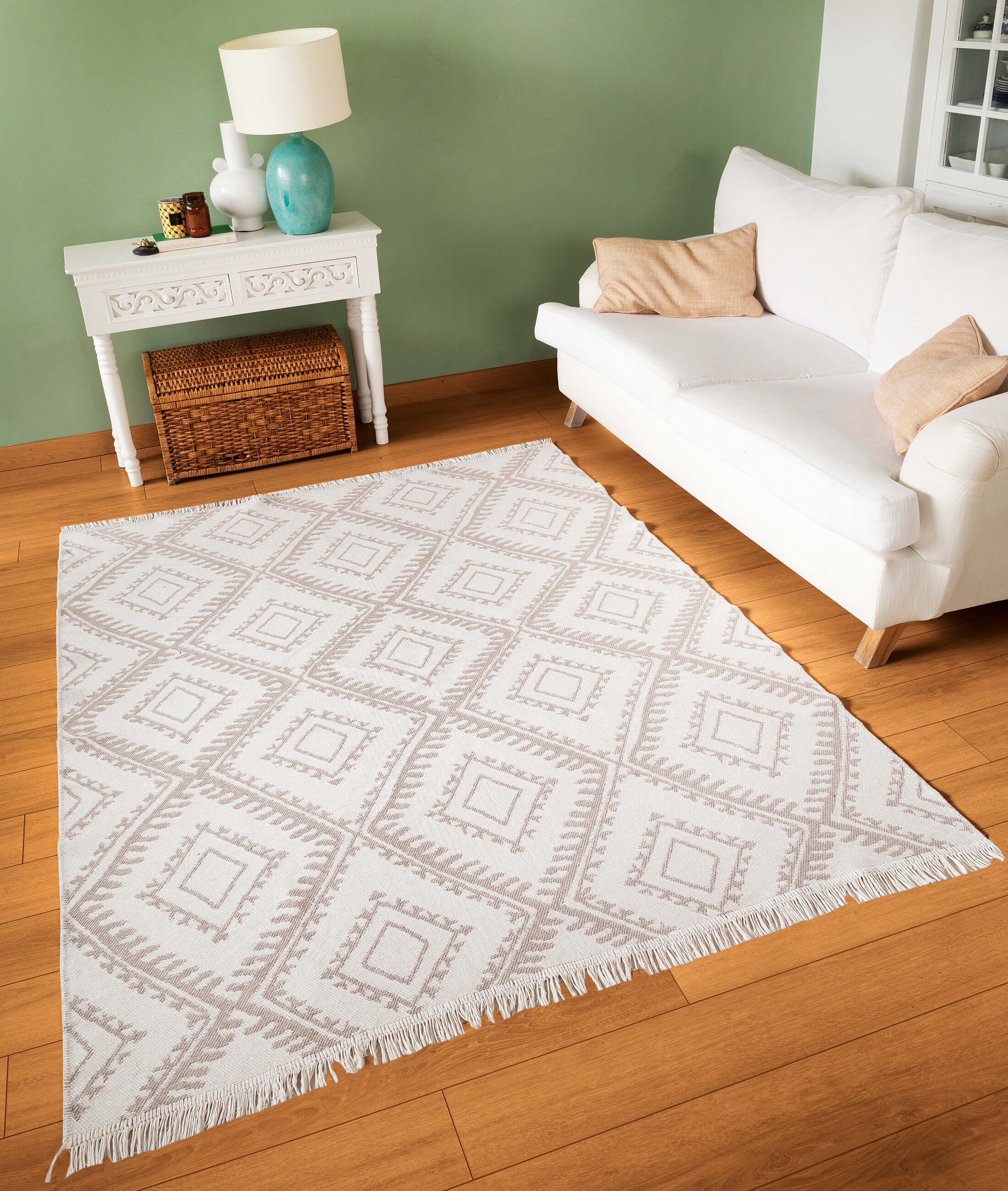Duo Beyaz Bej Yıkanabilir Çift Taraflı Balkon Halısı Geometrik Yazlık Dokuma Halı ve Kilim