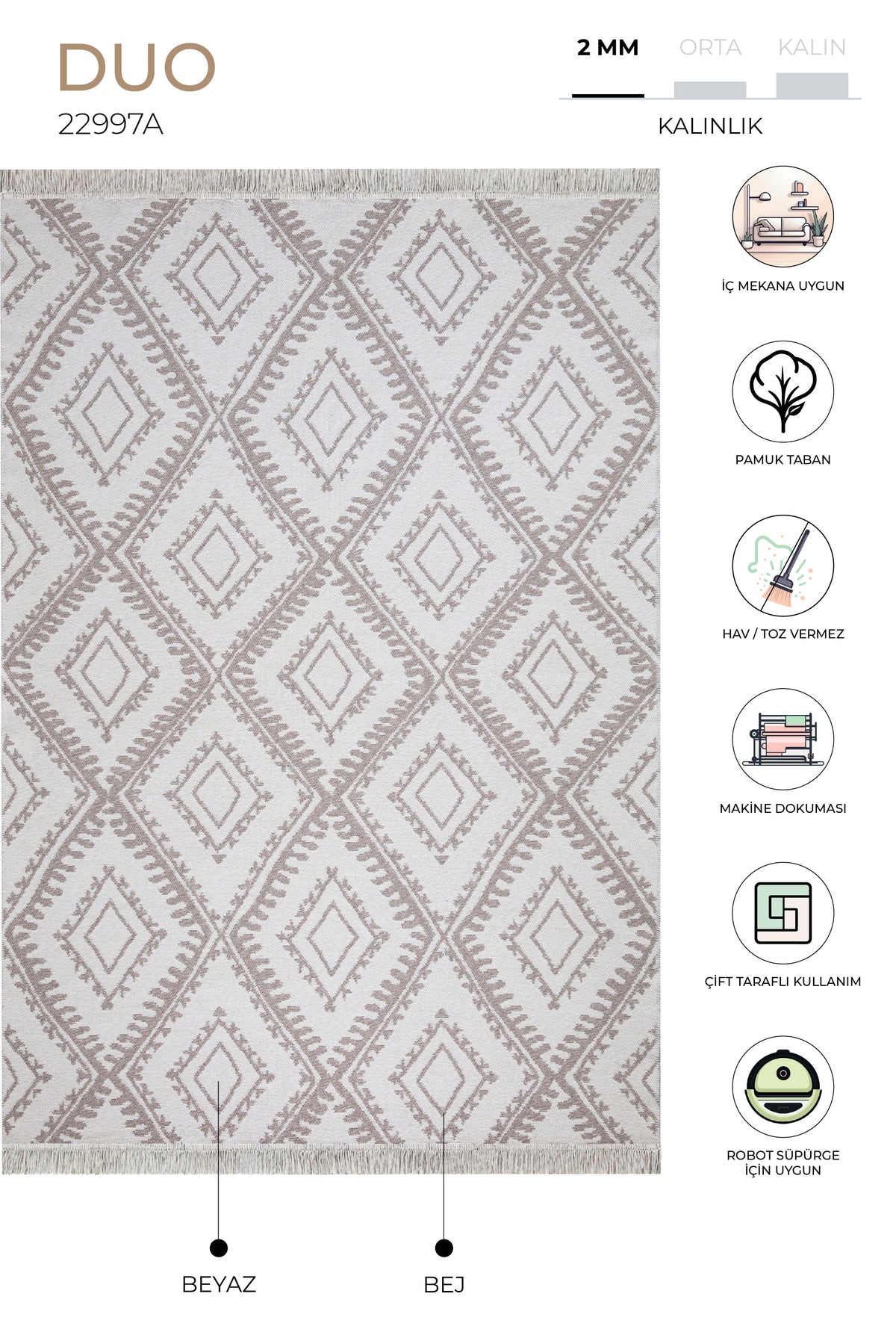 Duo Beyaz Bej Yıkanabilir Çift Taraflı Balkon Halısı Geometrik Yazlık Dokuma Halı ve Kilim