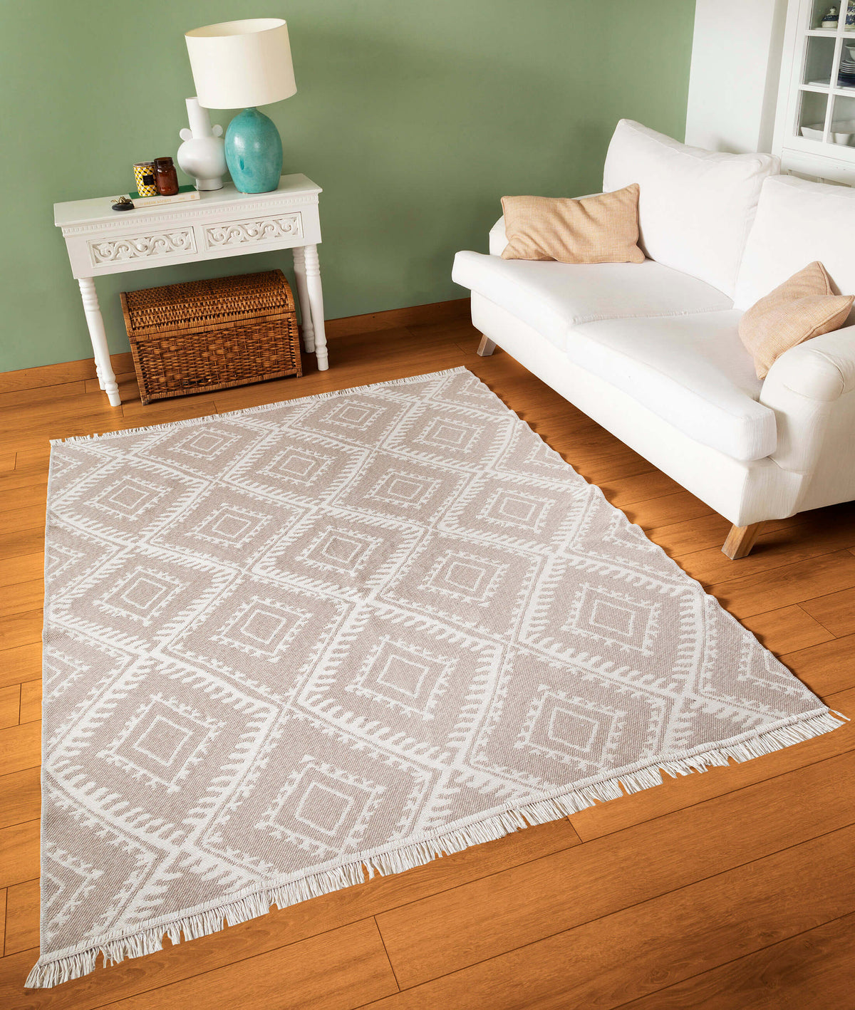 Duo Beyaz Bej Yıkanabilir Çift Taraflı Balkon Halısı Geometrik Yazlık Dokuma Halı ve Kilim