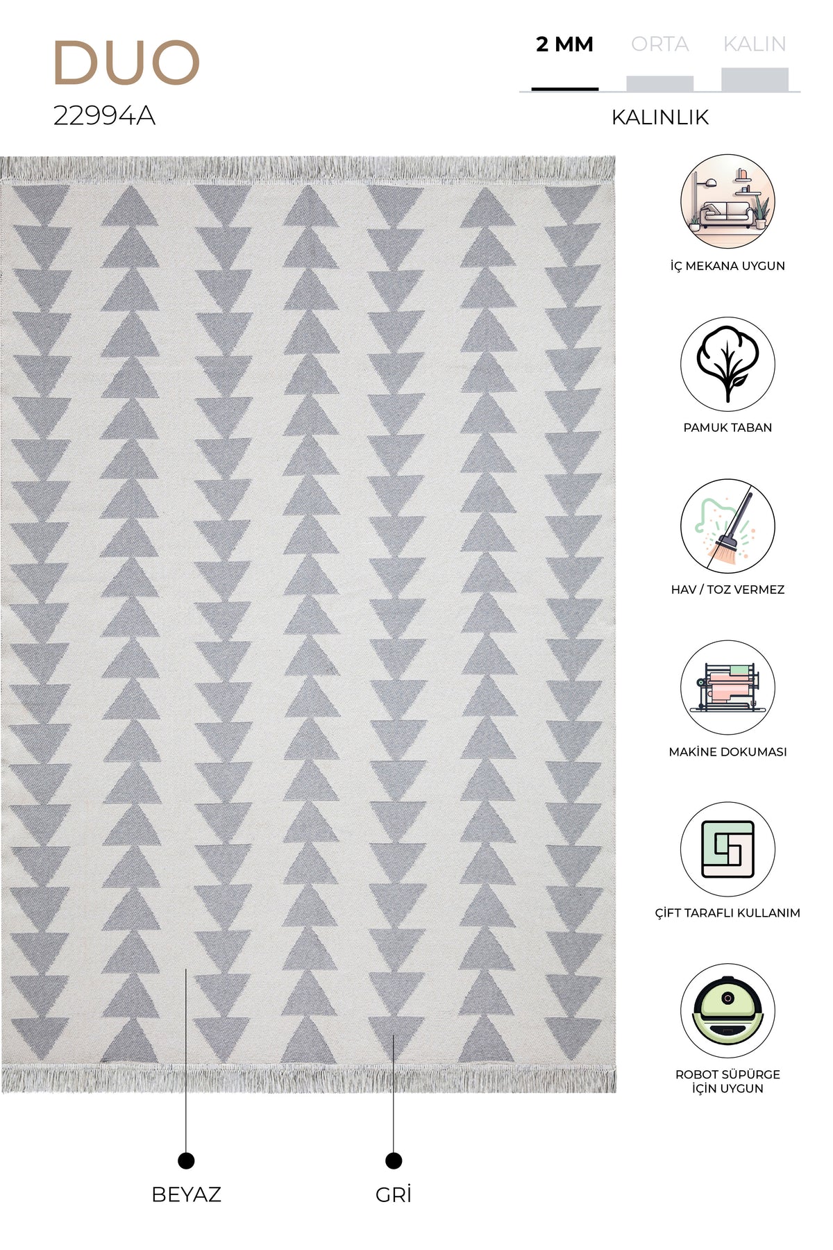 Duo Beyaz Gri Çift Taraflı Yıkanabilir Dokuma Kilim 22994A