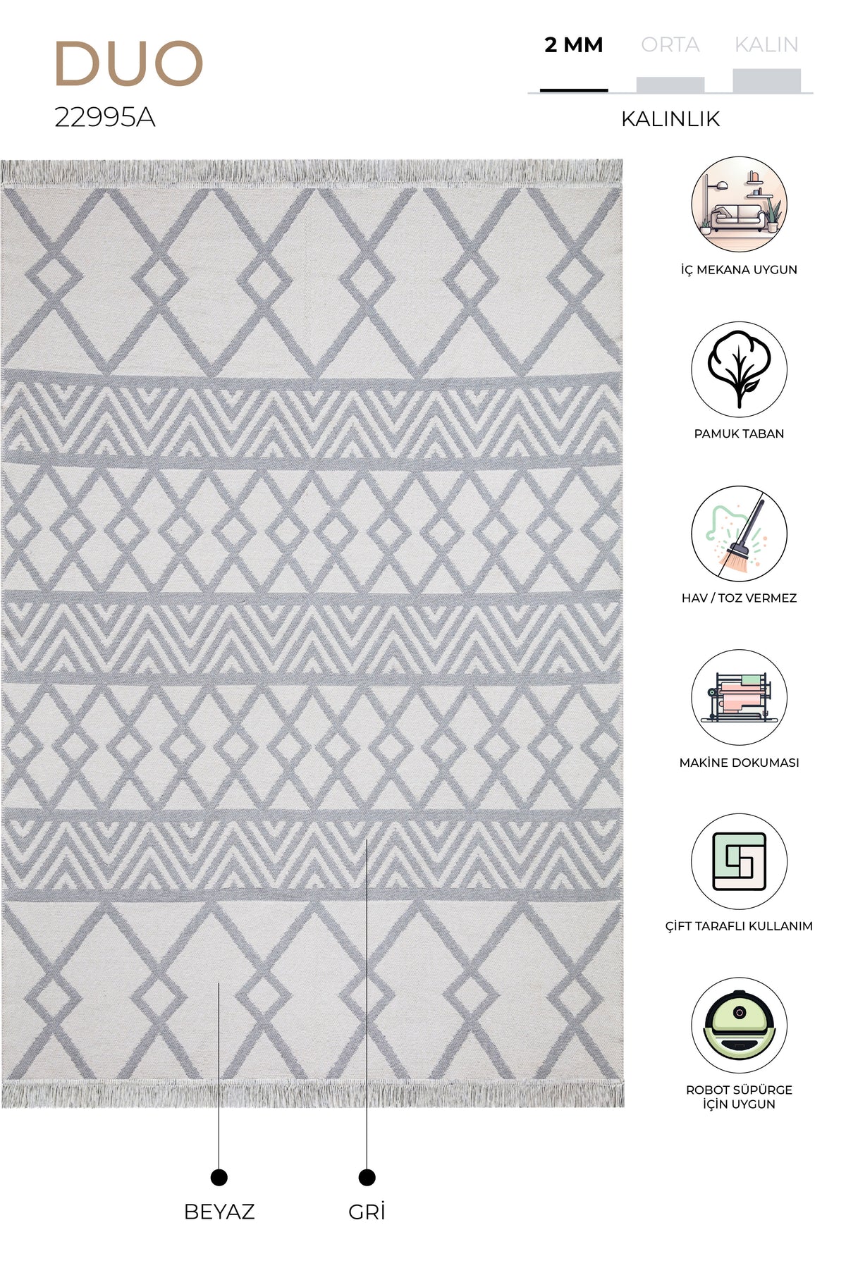 Duo Beyaz Gri Çift Taraflı Yıkanabilir Dokuma Kilim 22995A