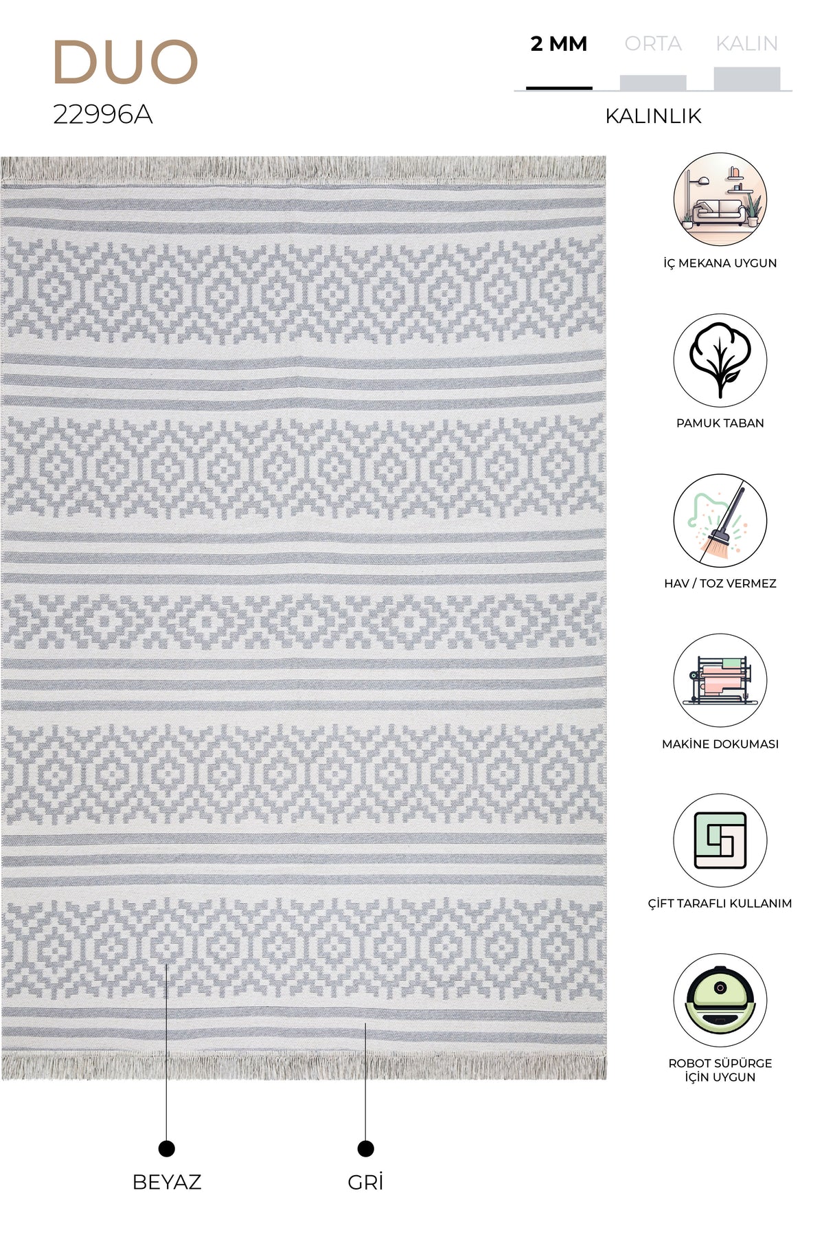 Duo Beyaz Gri Çift Taraflı Yıkanabilir Dokuma Kilim 22996A