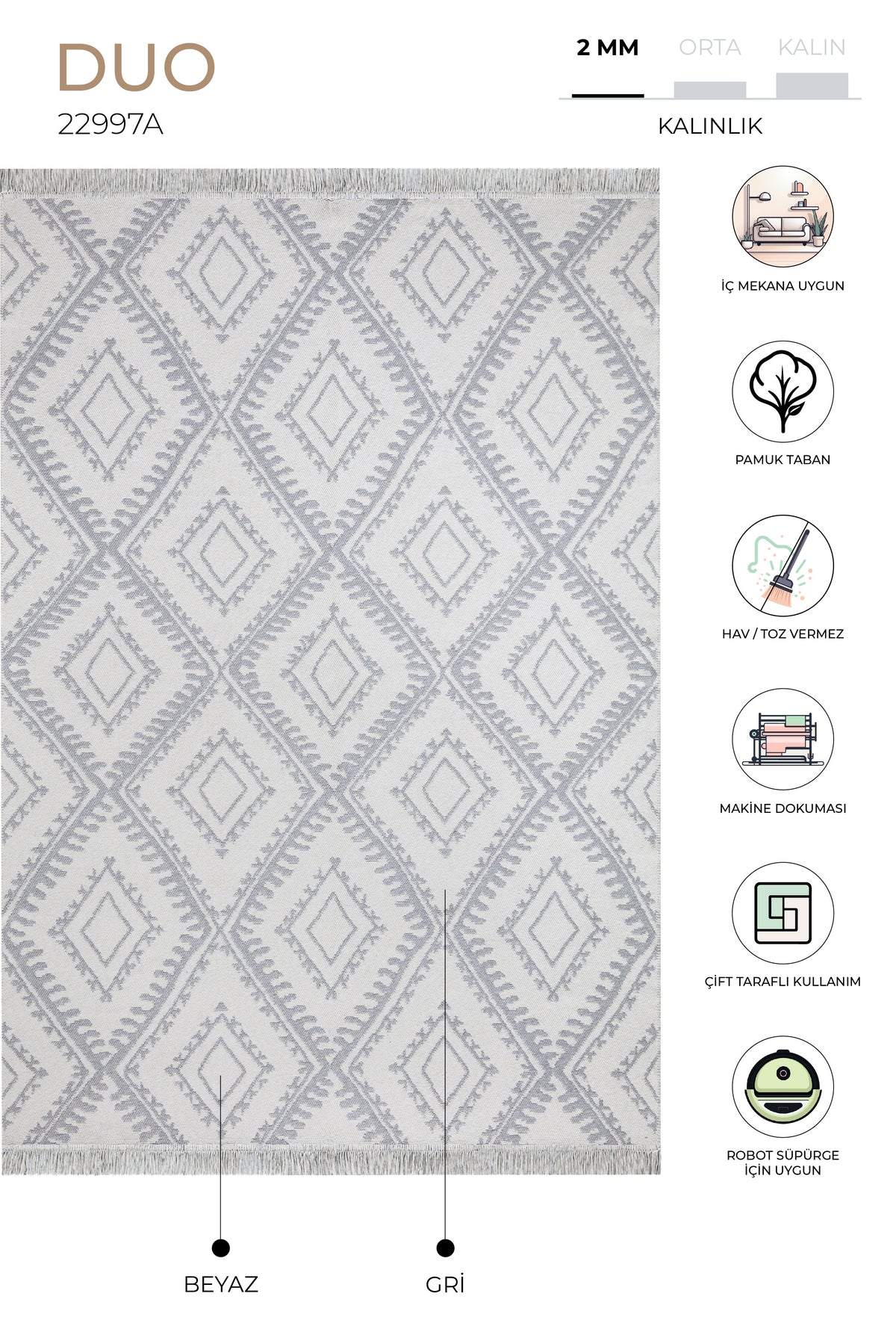Duo Beyaz Gri Çift Taraflı Yıkanabilir Dokuma Kilim 22997A