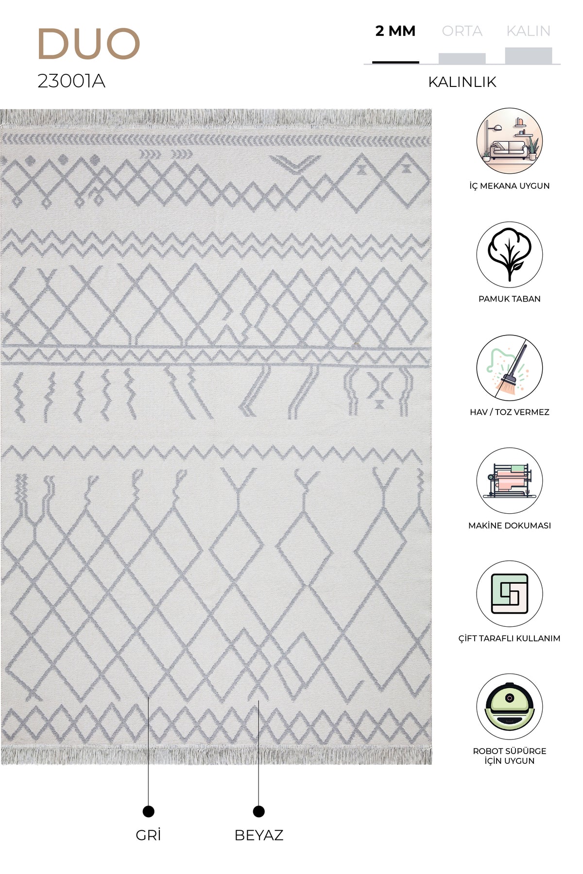 Duo Beyaz Gri Çift Taraflı Yıkanabilir Dokuma Kilim 23001A