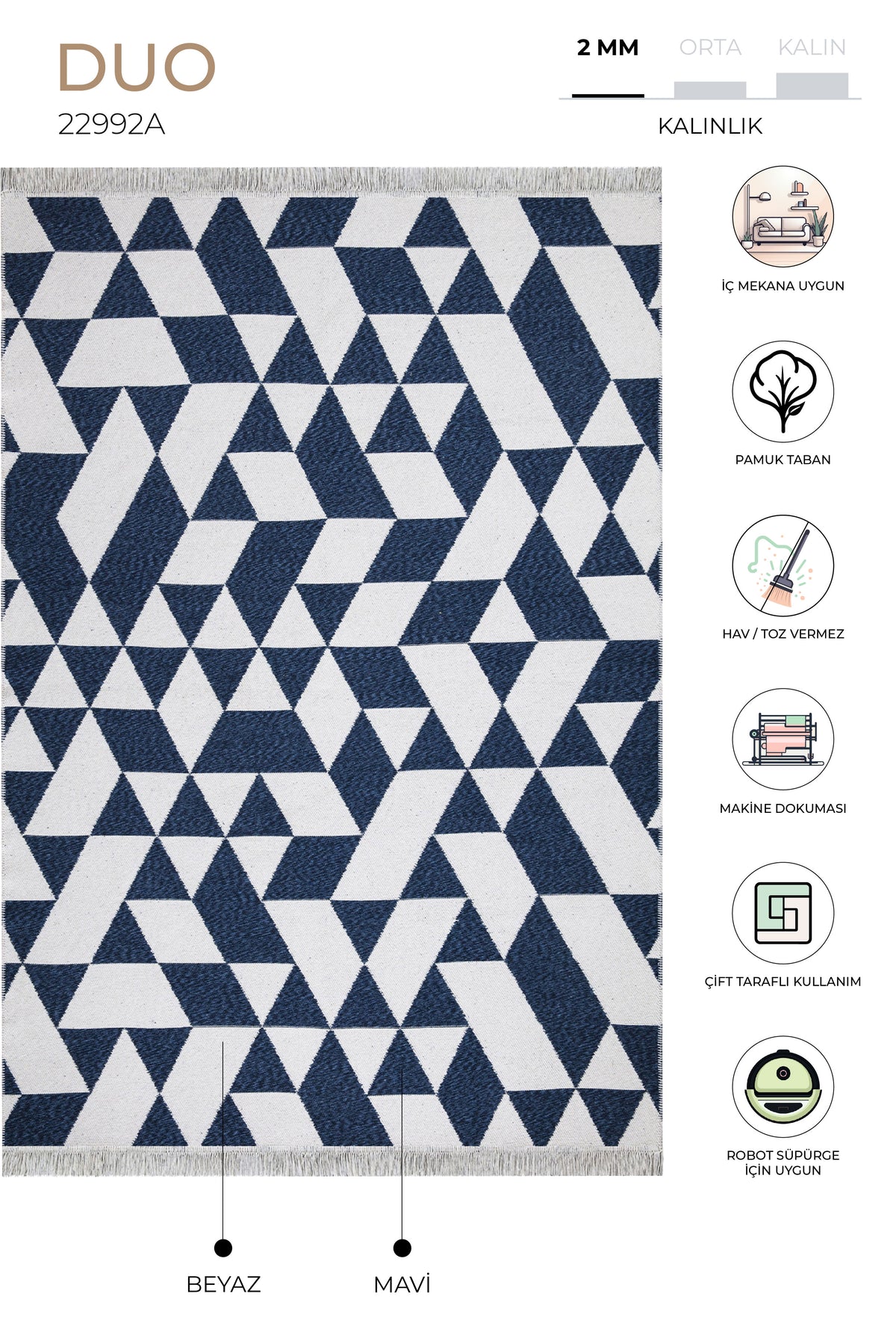 Duo Beyaz Mavi Çift Taraflı Yıkanabilir Dokuma Kilim 22992A