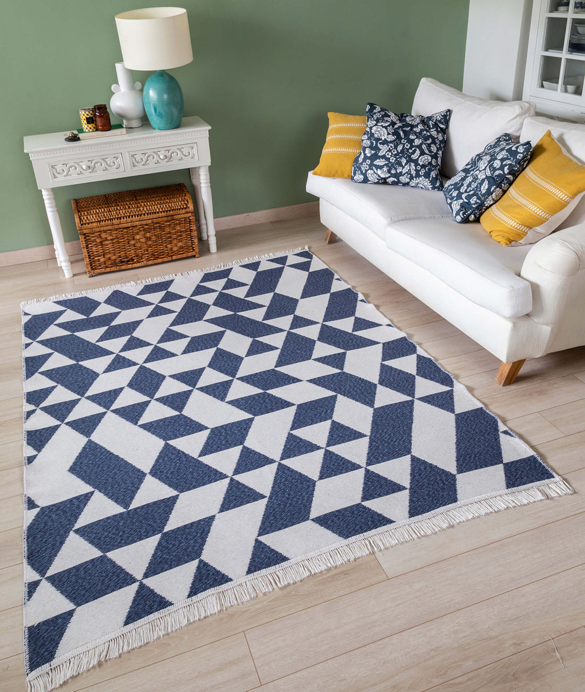 Duo Beyaz Mavi Çift Taraflı Yıkanabilir Dokuma Kilim 22992A