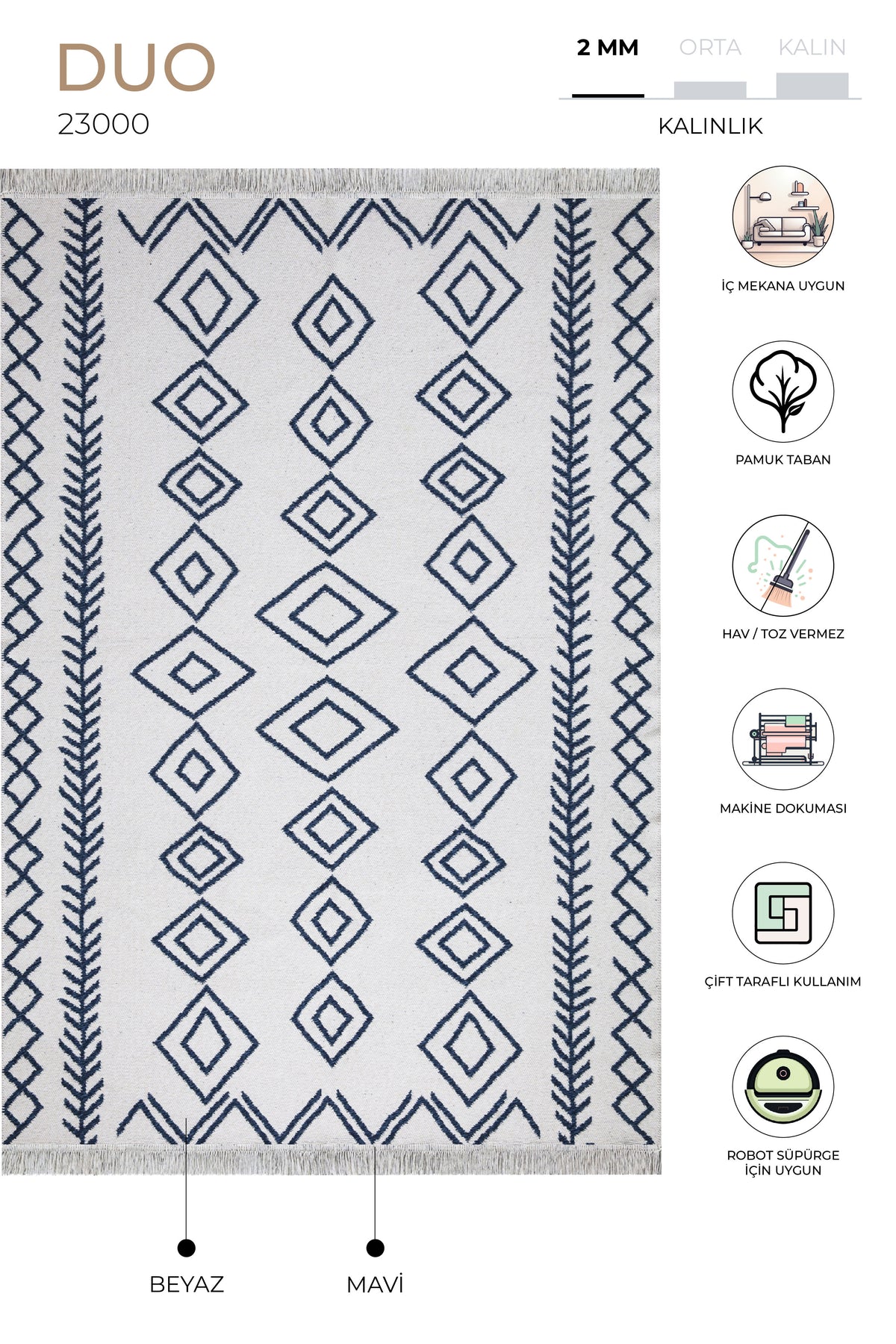 Duo Beyaz Mavi Çift Taraflı Yıkanabilir Dokuma Kilim 23000A