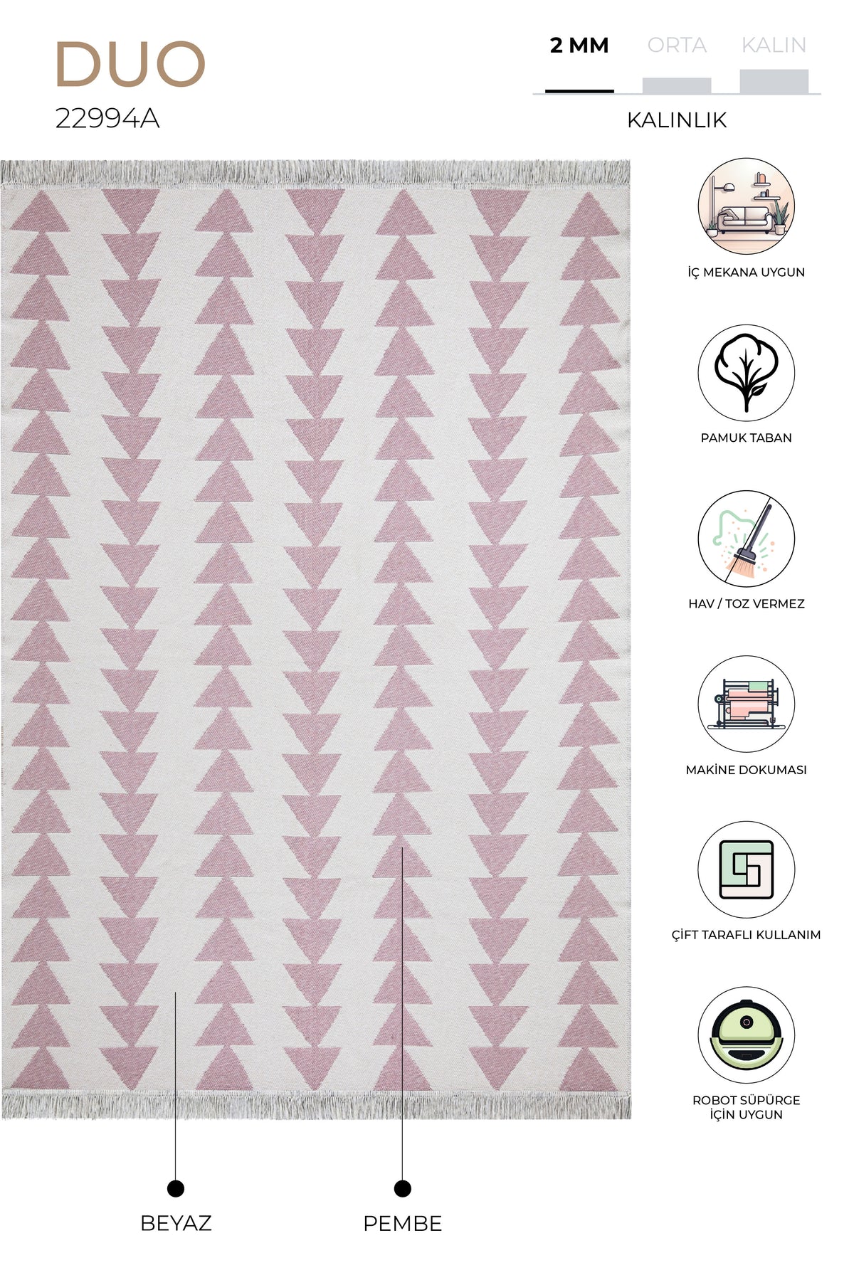 Duo Beyaz Pembe Çift Taraflı Yıkanabilir Dokuma Kilim 22994A