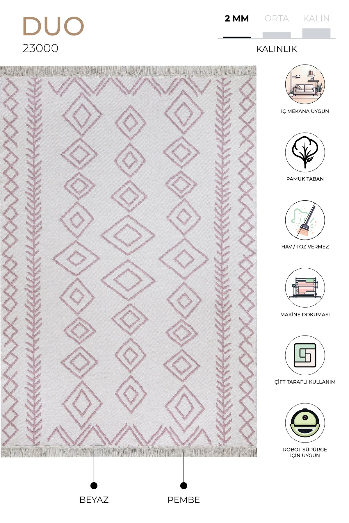 Duo Beyaz Pembe Çift Taraflı Yıkanabilir Dokuma Kilim 23000A