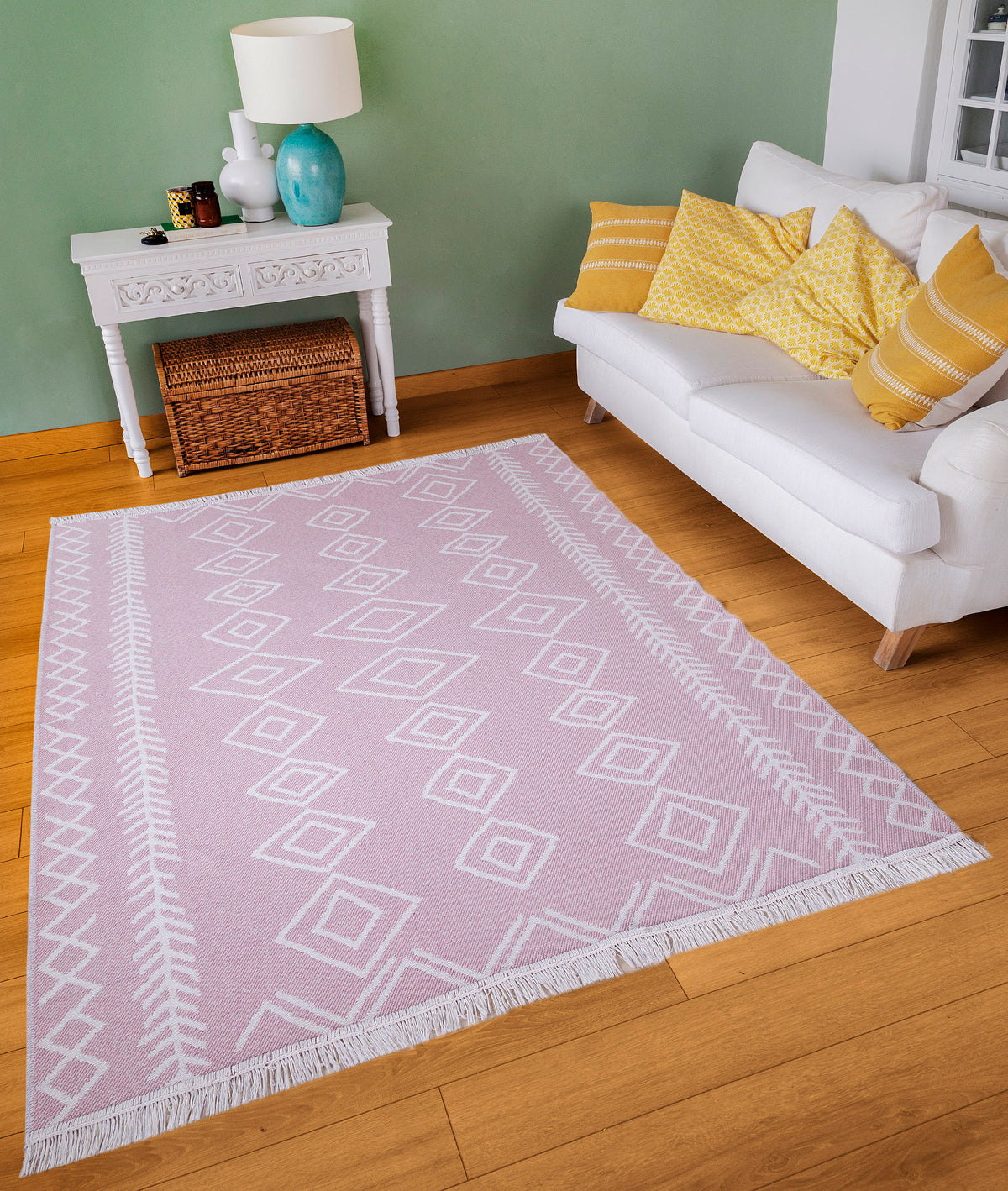 Duo Beyaz Pembe Çift Taraflı Yıkanabilir Dokuma Kilim 23000A