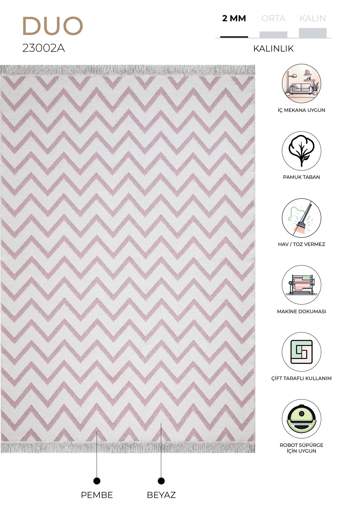 Duo Beyaz Pembe Çift Taraflı Yıkanabilir Dokuma Kilim 23002A