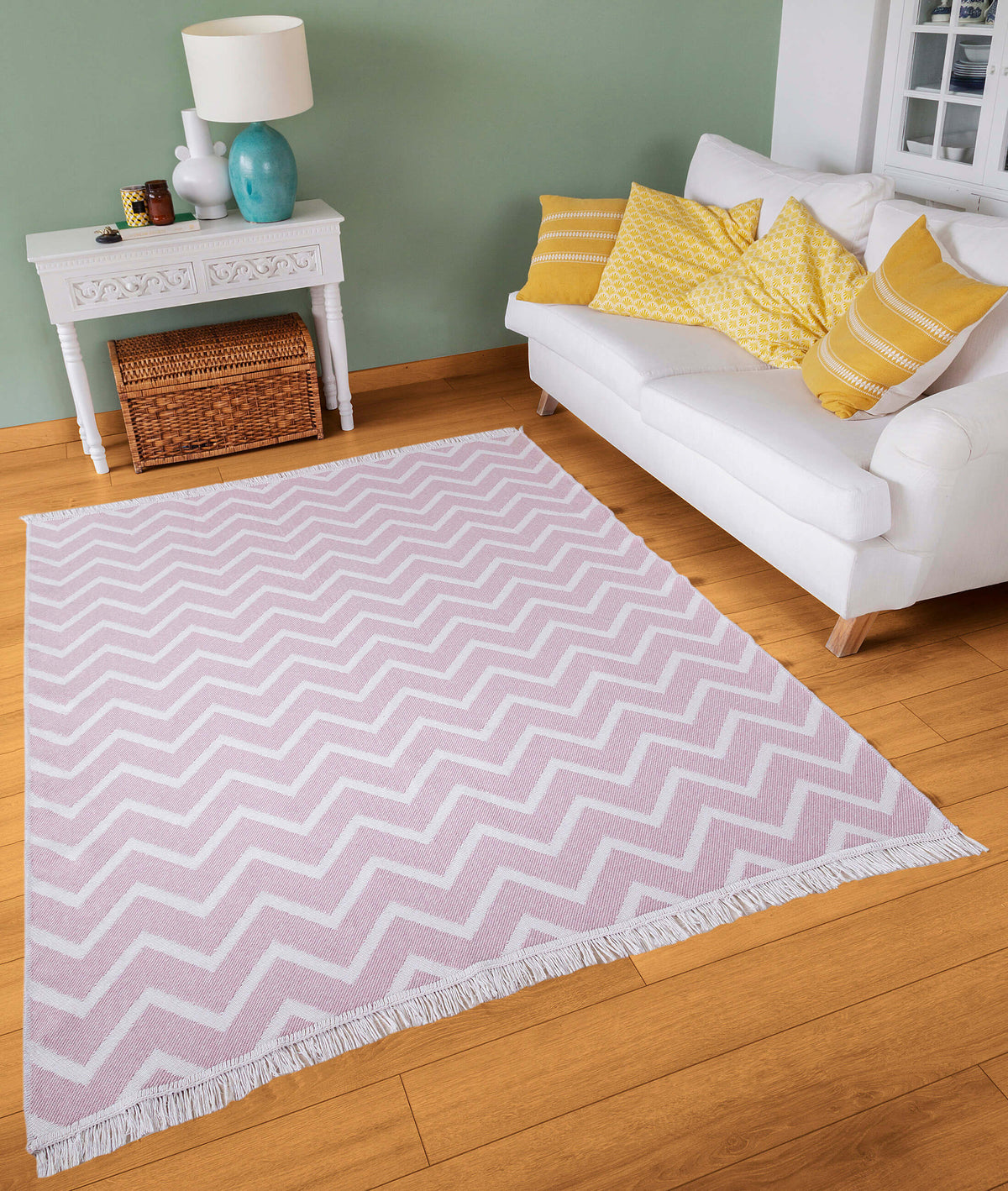 Duo Beyaz Pembe Çift Taraflı Yıkanabilir Dokuma Kilim 23002A