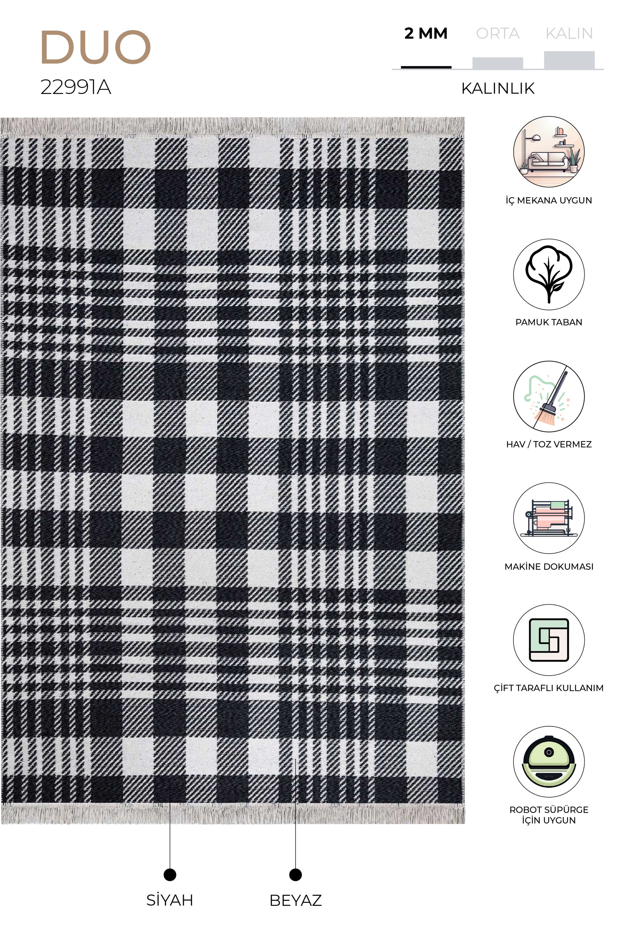 Duo Beyaz Siyah Çift Taraflı Yıkanabilir Dokuma Kilim 22991A