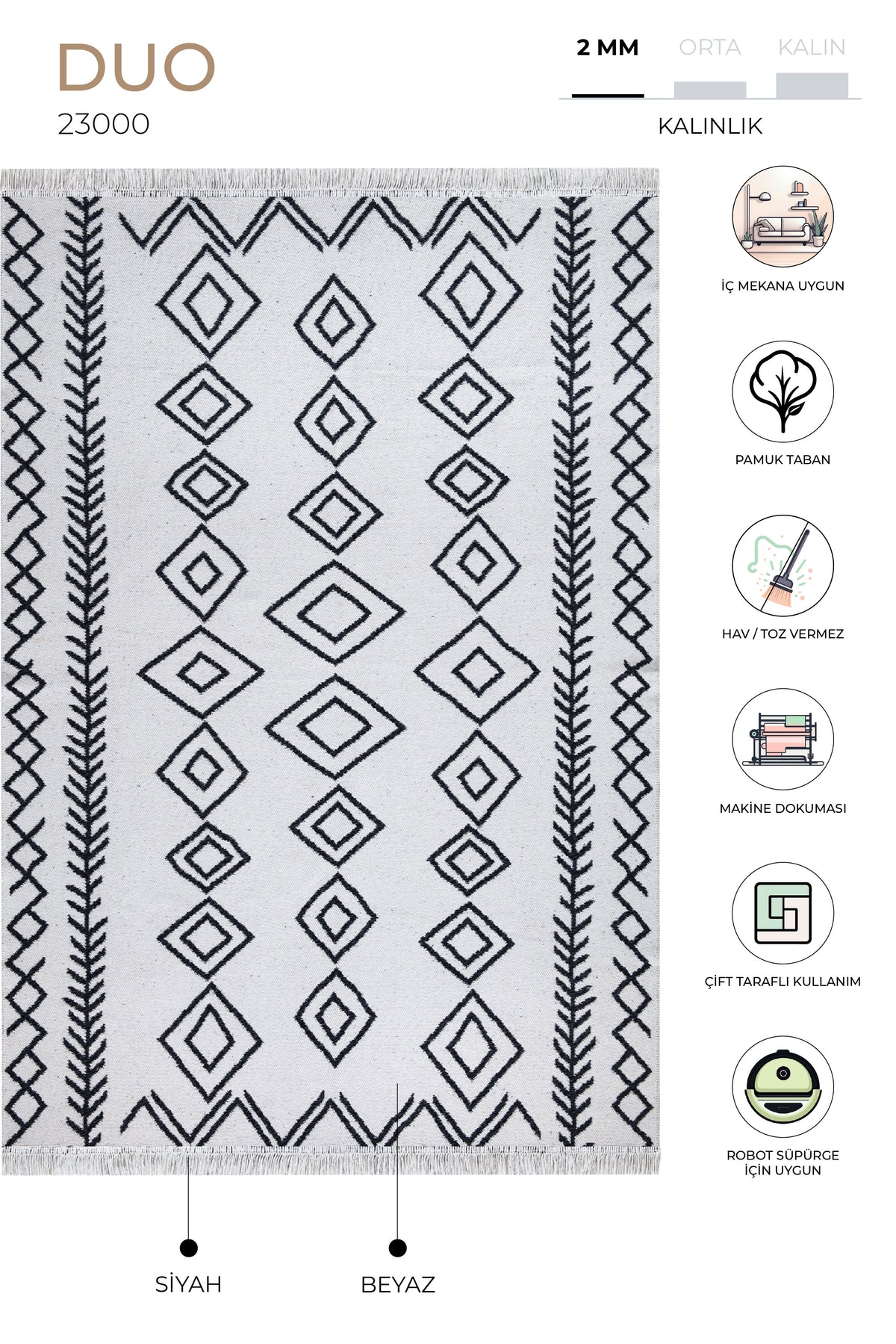 Duo Beyaz Siyah Çift Taraflı Yıkanabilir Dokuma Kilim 23000A