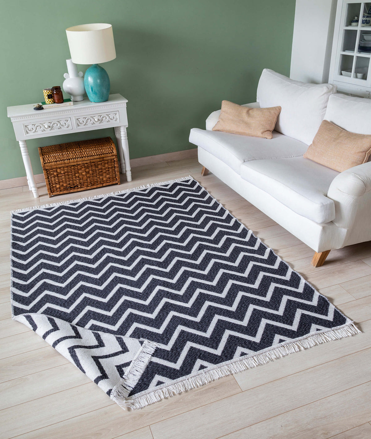 Duo Beyaz Siyah Çift Taraflı Yıkanabilir Dokuma Kilim 23002A